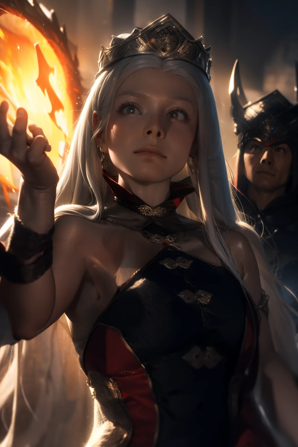 Illustration of a silver-haired Queen wearing a crown on her head, in dynamic pose, face detailed, datails intrincados, shining skin, ((dragon in background)), cinematic lighthing, super detaill, best qualityer, Masterpiece artwork, anatomically correcte, texturized skin, super detaill, High details, high qualiy, artstation. fund, a cinematic ring.