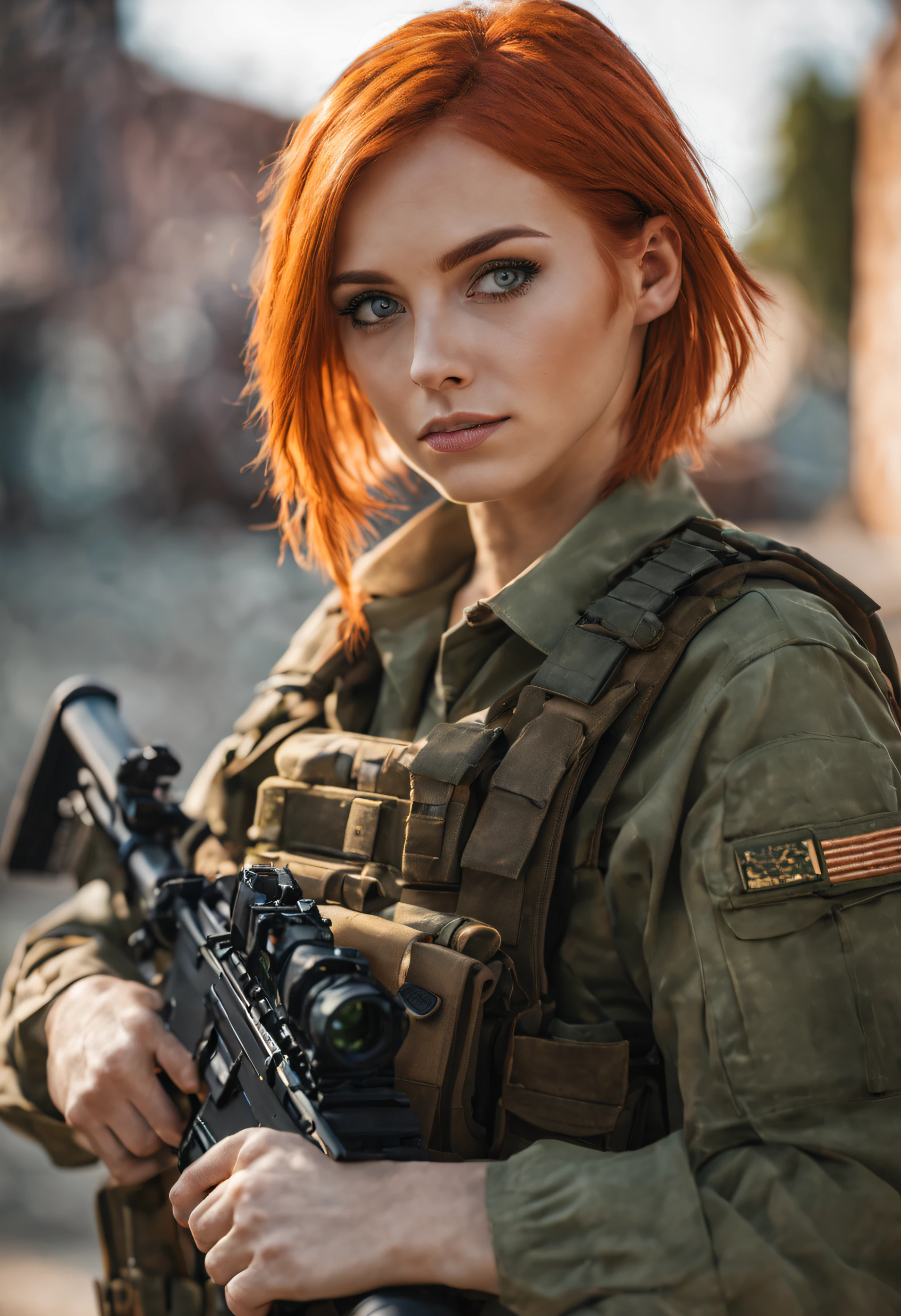 Una mujer joven con cabello naranja y ojos verdes., vestido con traje militar, posando para una sesión de fotos mientras sostiene un rifle al aire libre, que recuerda a Call of Duty y Escape from Tarkov&#39;s Private Military Company (PMC),  En su brazo derecho, hay iluminación volumétrica, Brillo suave, profundidad de campo, fotografía muy detallada, Bajo contraste, colores pasteles, como Kodak Portra 400, En resolución 8k, mirando al espectador, manos perfectas, fondo de la zona de guerra