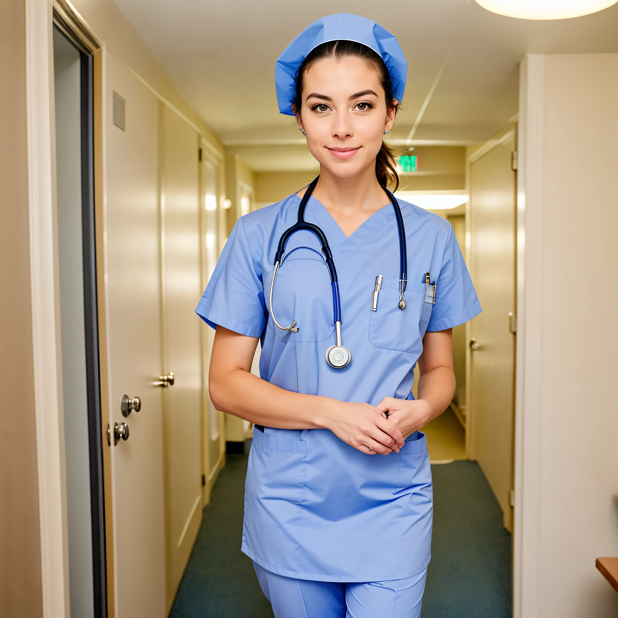 Arafed female nurse in scrubs and a blue hat standing in a hallway