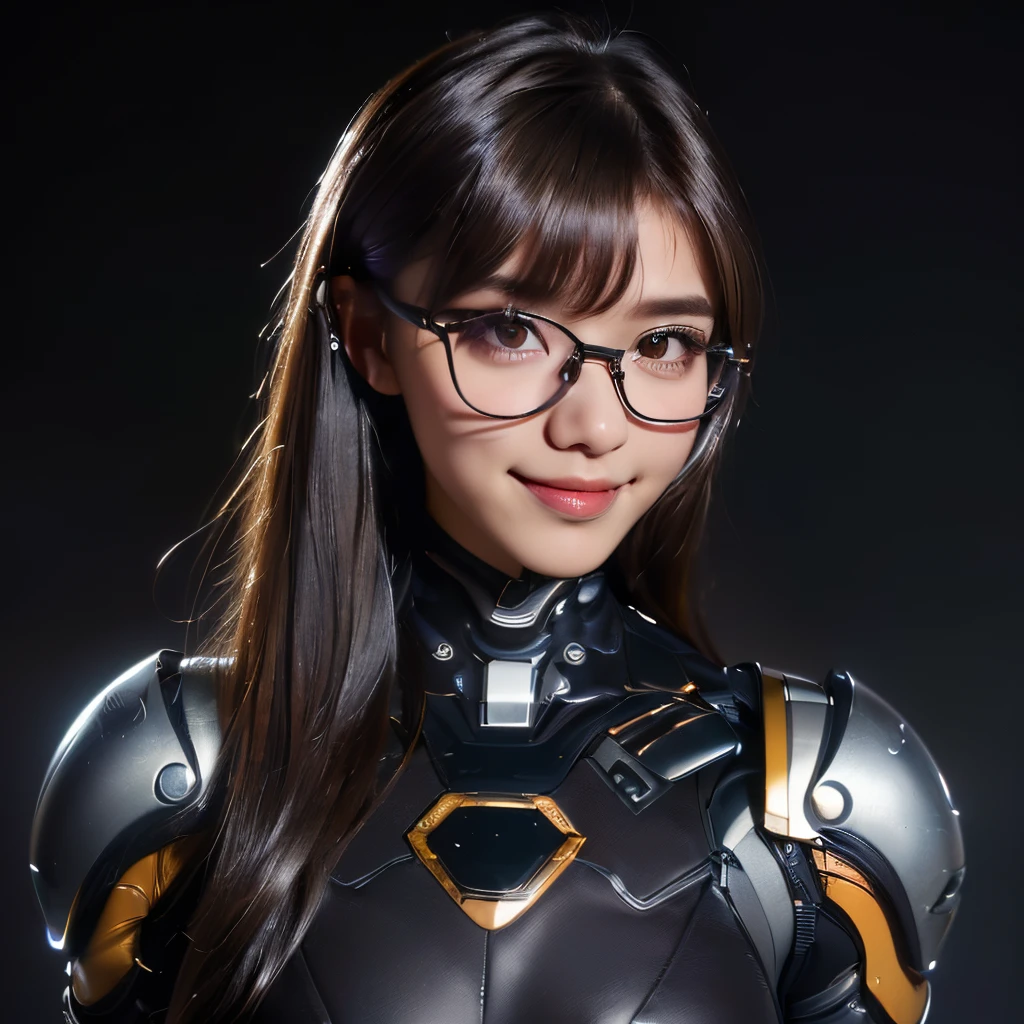 ((masterpiece)), 8k cg, best quality, intricate details, chromatic aberration, ((bust shot)), ((looking at the viewer)), 1girl, Indonesian ((Character((cute girli)), wide smile, closed mouth, soft lips , brown eyes)), young girl, 17 years old, blush, makeup, strong face features, long lashes, ((long fluffy hair, ((dark brown hair)), straight bangs)), ((Watson gear, glasses, cybernetic armor, white)), defined body, , (((background(((dark background)), fog))), absurdes