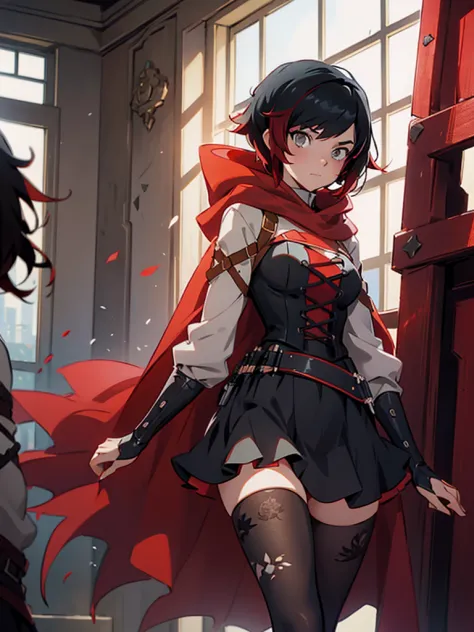 RWBY, 1girl, cloak, red cape, red hood, silver eyes, pantyhose, short hair, black hair, red hair, gradient hair, (intricate clot...