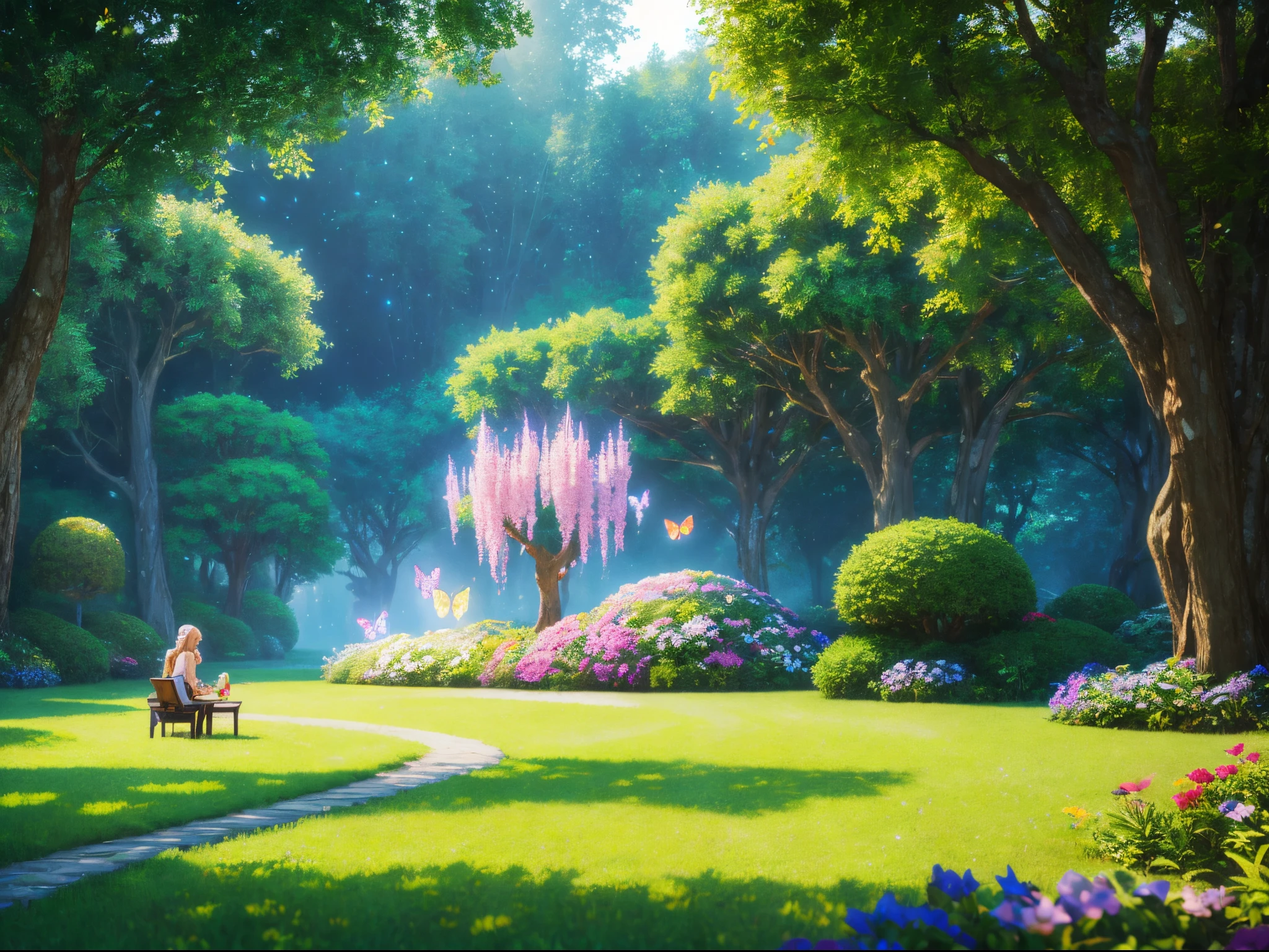 Playfully blend AI and organic elements in a whimsical landscape, featuring robotic butterflies pollinating pixelated flowers and quirky talking trees. (best quality,4k,highres,masterpiece:1.2),ultra-detailed,realistic:1.37,illustration,imaginative scene,enchanted forest,playful atmosphere,vibrant colors,pixie dust,ethereal lighting,soft pastel tones,fantasy art,mosaic textures,happy AIs,technology meets nature,harmonious blend of digital and natural beauty,toy-like trees,talkative and animated foliage,digital insects,futuristic garden,electronic butterflies,magical ambiance,delicate pollination process,whimsical details,organic and technological fusion,emerging pixels,harmony of artificial and organic life,colorful garden of tomorrow,animated robotic butterflies,pixel art flowers,joyful and lively scenery,magical landscape with a twist,robotic creatures in a natural setting,twinkling lights and interactive nature,juxtaposition of realism and technology. enormous 