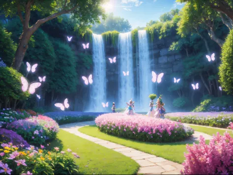 Playfully blend AI and organic elements in a whimsical landscape, featuring robotic butterflies pollinating pixelated flowers an...