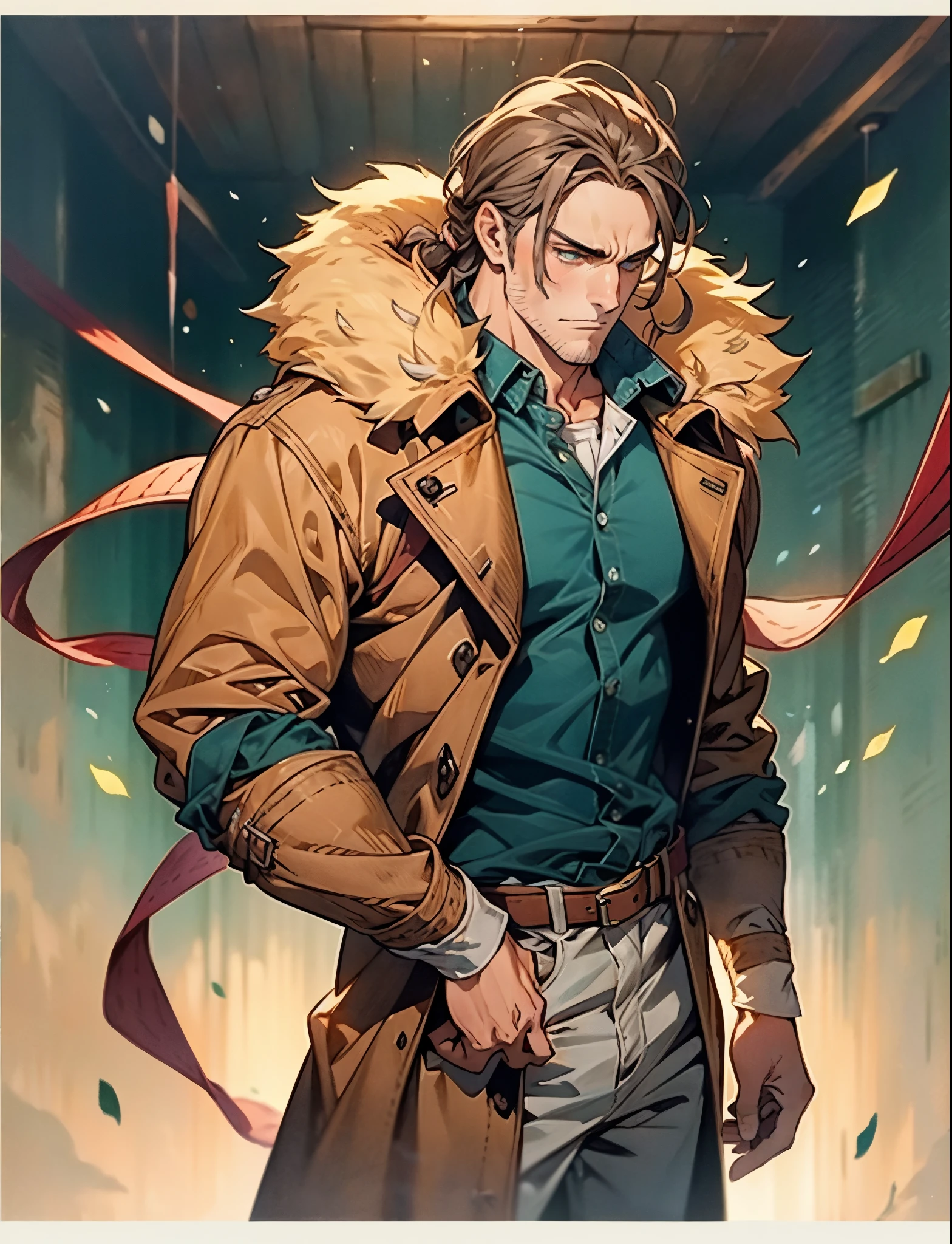 A middle-aged man, long teal hair, wild and disheveled hairstyle, determined gaze, a serious expression, noble features, some stubble, a simple fantasy-style two-piece hunter outfit, a short-sleeved gray shirt, a brown fur-lined coat, a cloth belt cinches his waist, ribbons wrap around his entire arm, coarse fabric pants, stands proudly atop a mountain peak, this character embodies a finely crafted fantasy-style hunter in anime style, exquisite and mature manga art style, high definition, best quality, highres, ultra-detailed, ultra-fine painting, extremely delicate, professional, anatomically correct, symmetrical face, extremely detailed eyes and face, high quality eyes, creativity, RAW photo, UHD, 8k, Natural light, cinematic lighting, masterpiece-anatomy-perfect, masterpiece:1.5