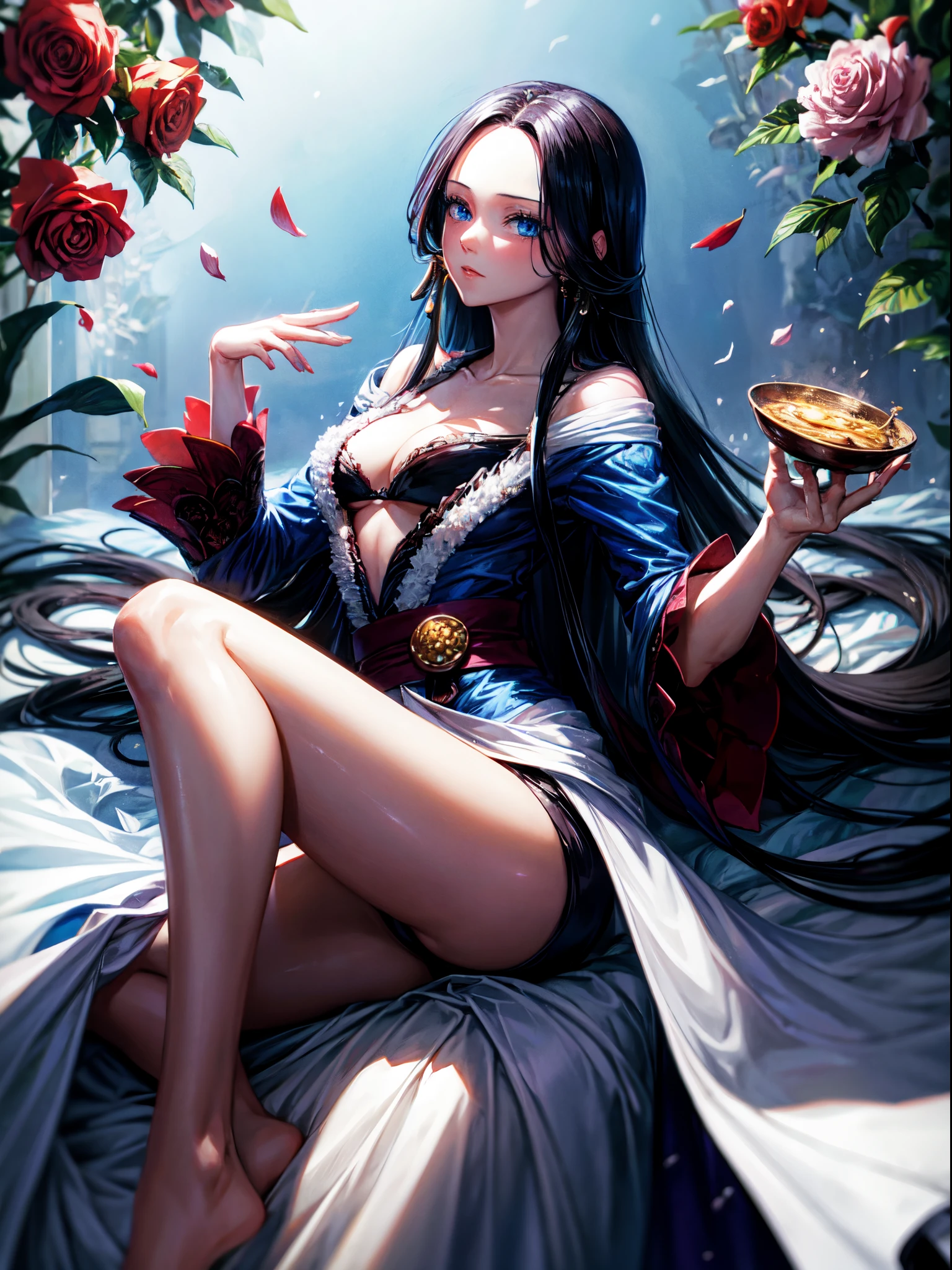 Handel, blaue Augen, Blumen, schwarze lange Haare, weißes Kleid Boa Hancock, Ein Stück