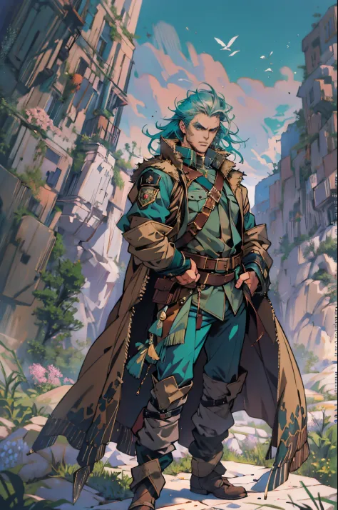 a middle-aged man, long teal hair, wild and disheveled hairstyle, determined gaze, a serious expression, noble features, some st...