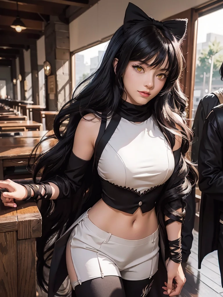 blake belladonna from RWBY, long hair, black hair skinny, medium breasts, solo, cat ears, walking through old library, smile, embarrassed, yellow eyes, black hair bow, black-white outfit, white shirt, detached sleeve, pantyhose, legwear under white shorts, black boots, black wrist straps, navel, Photo realistic, realistic facial features, realism, hyper detailed, hyper realistic, 8k, {{{extremely detailed}}}, (extremely detailed CG unity 8k wallpaper, masterpiece, cute face