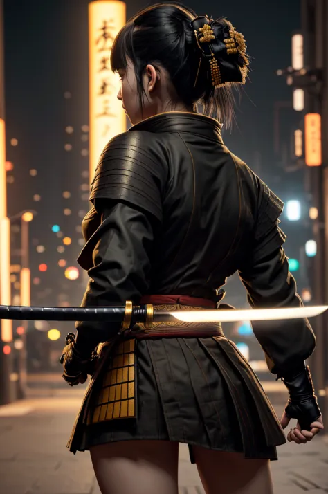 1 girl, ((Full body)), (yellow bodysuit), (((samurai sword))), gloves, tactical, (black hair), high resolution, sharp image, fro...