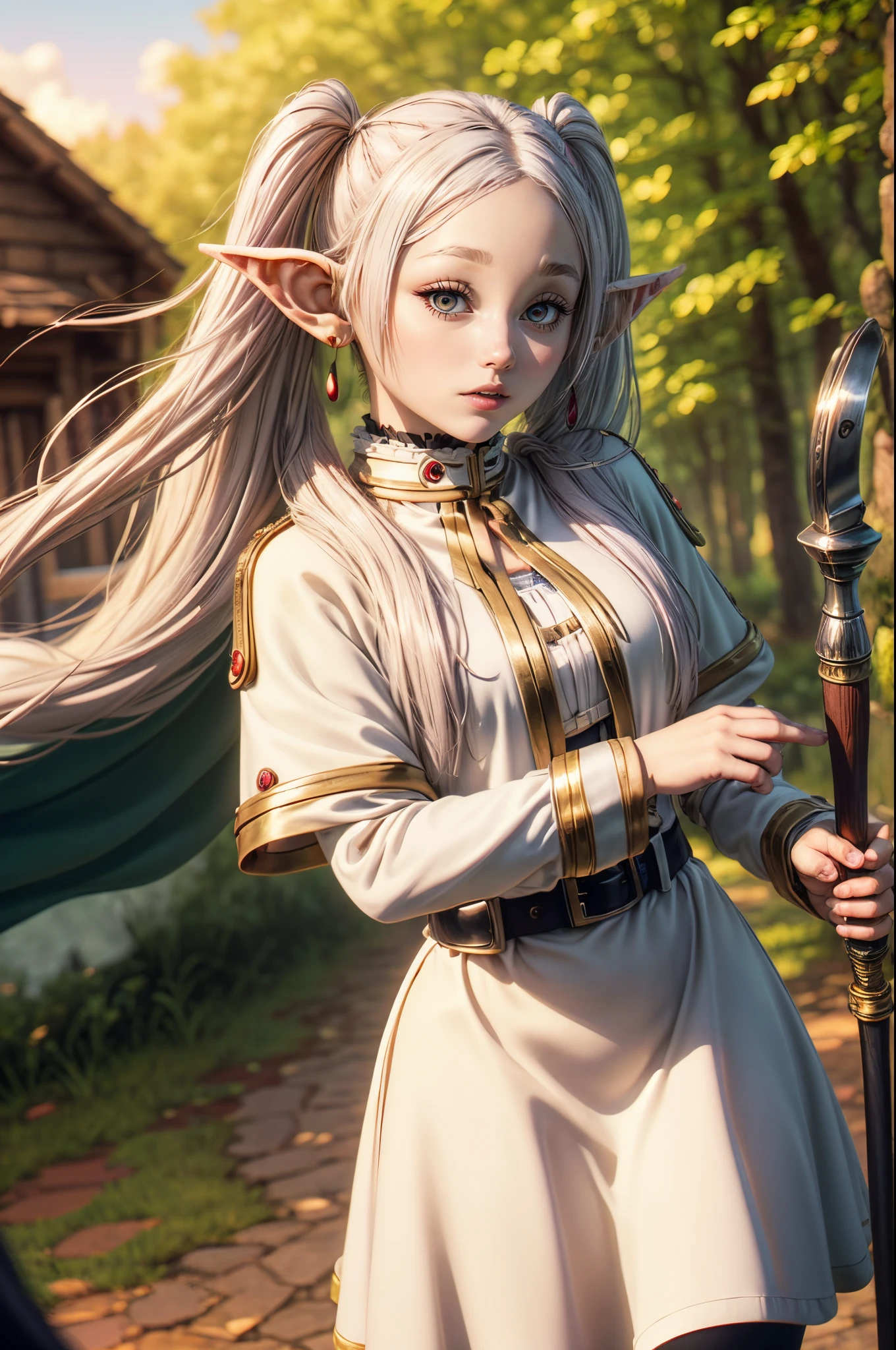 "((Realistic)) portrayal of ((Frieren)), spellbinding ((magic staff)) held against the backdrop of a mystical forest, dynamic cloud formations, ((golden hour glow)), ((exquisite details)), high resolution"twintails, very long hair, silver hair, pointy ears, elf, white capelet, green eyes, black pantyhose, earrings, white skirt, belt, white sleeves,