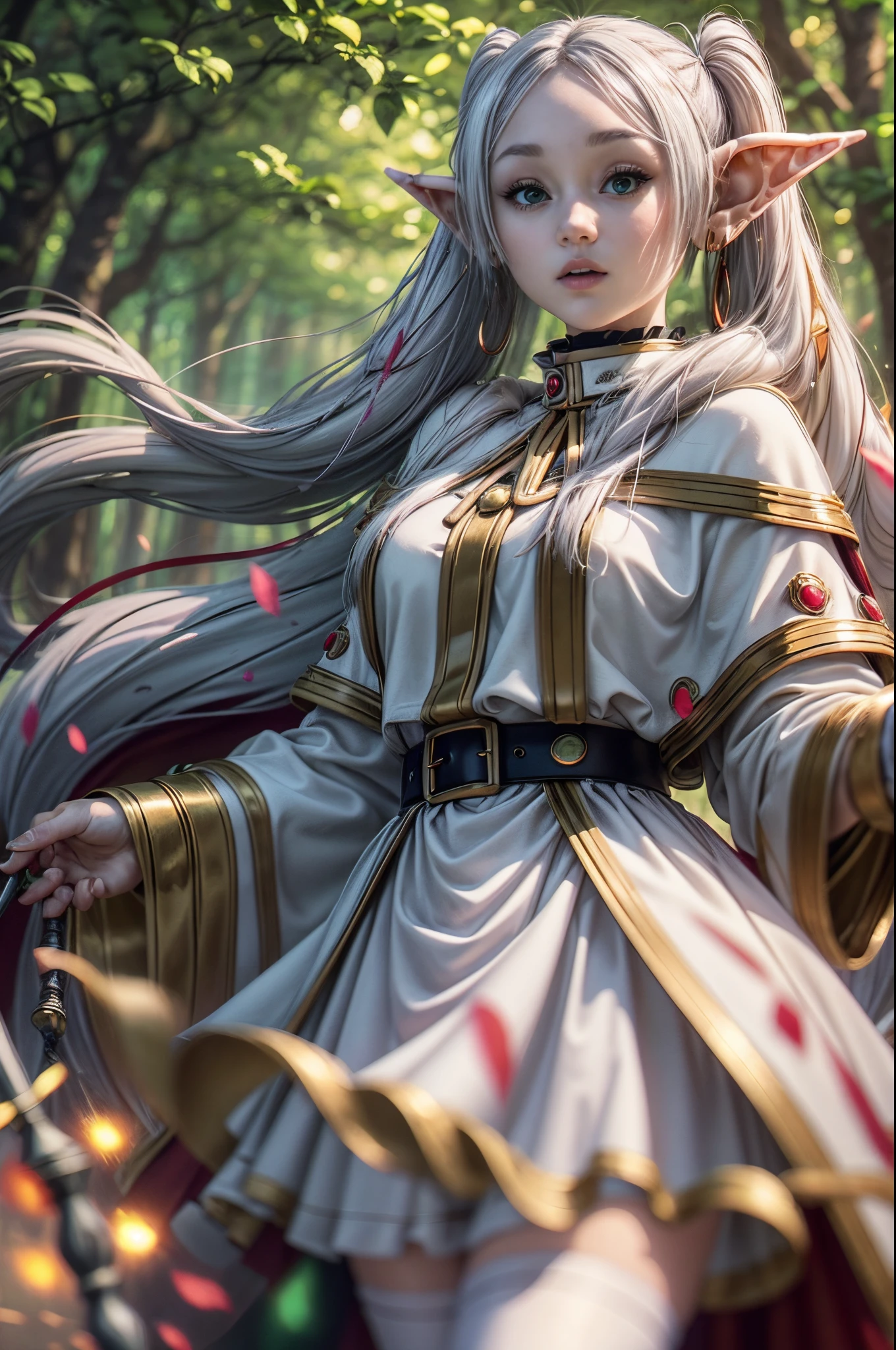 "((Realistic)) portrayal of ((Frieren)), spellbinding ((magic staff)) held against the backdrop of a mystical forest, dynamic cloud formations, ((golden hour glow)), ((exquisite details)), high resolution"twintails, very long hair, silver hair, pointy ears, elf, white capelet, green eyes, black pantyhose, earrings, white skirt, belt, white sleeves,