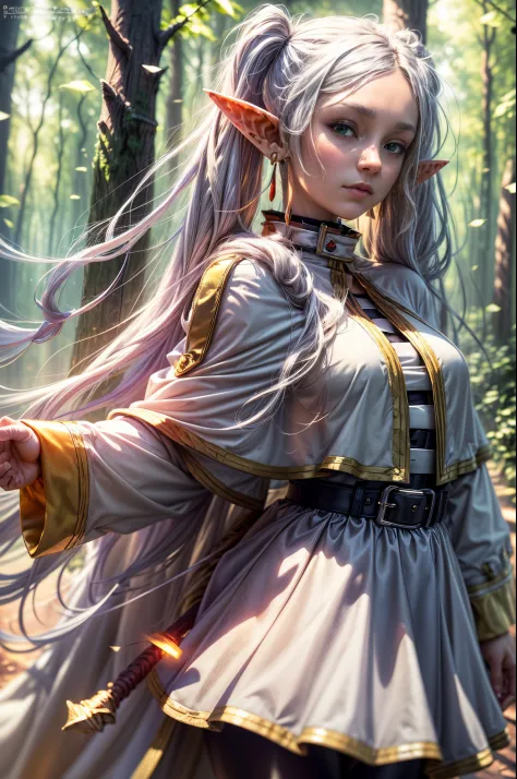 "((Realistic)) portrayal of ((Frieren)), spellbinding ((magic staff)) held against the backdrop of a mystical forest, dynamic cloud formations, ((golden hour glow)), ((exquisite details)), high resolution, twintails, very long hair, silver hair, pointy ear...