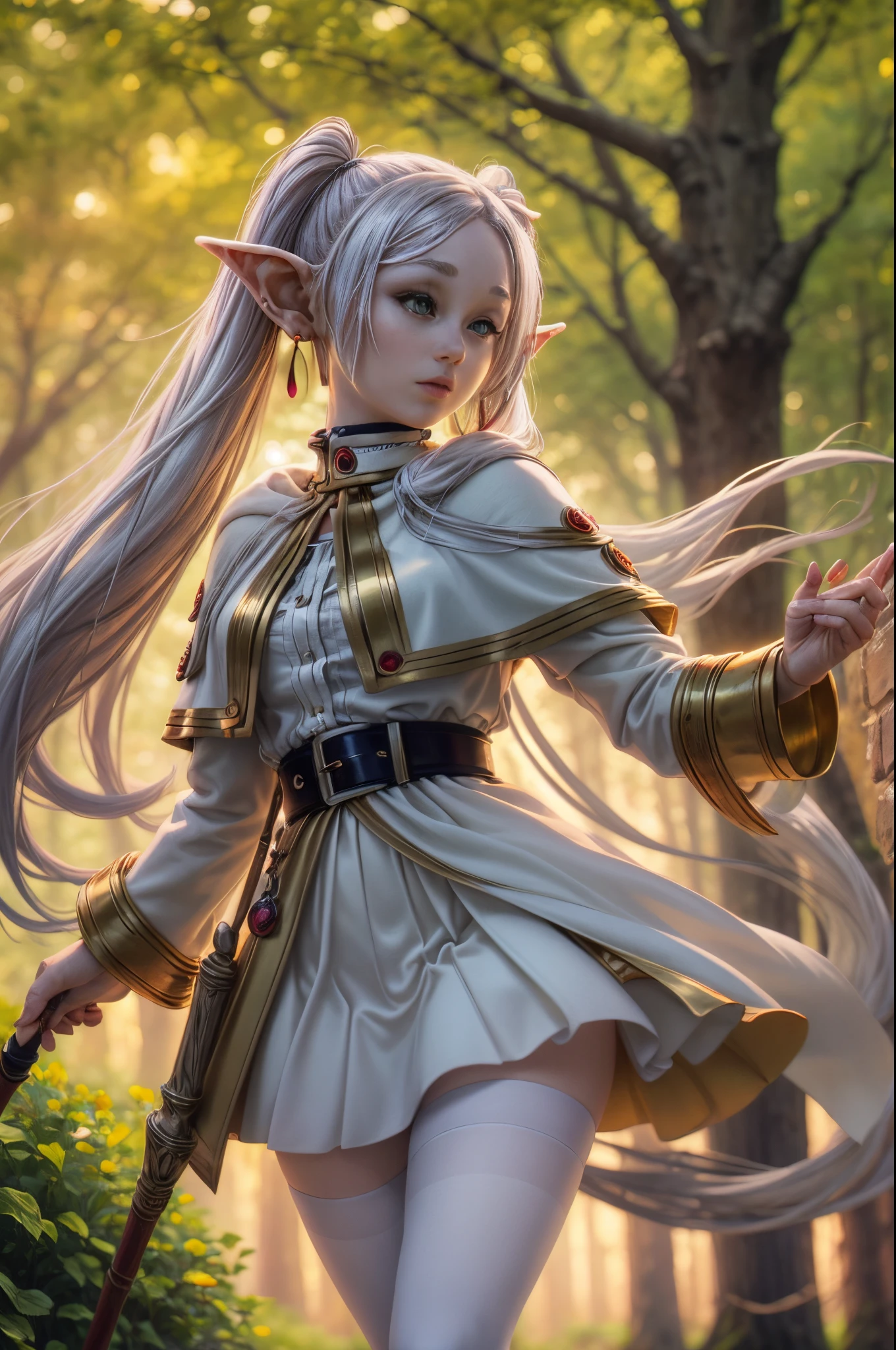 "((Realistic)) portrayal of ((Frieren)), spellbinding ((magic staff)) held against the backdrop of a mystical forest, dynamic cloud formations, ((golden hour glow)), ((exquisite details)), high resolution"twintails, very long hair, silver hair, pointy ears, elf, white capelet, green eyes, black pantyhose, earrings, white skirt, belt, white sleeves,