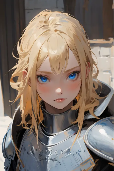 1girl, blond hair, blue eyes, knight, armor, portrait