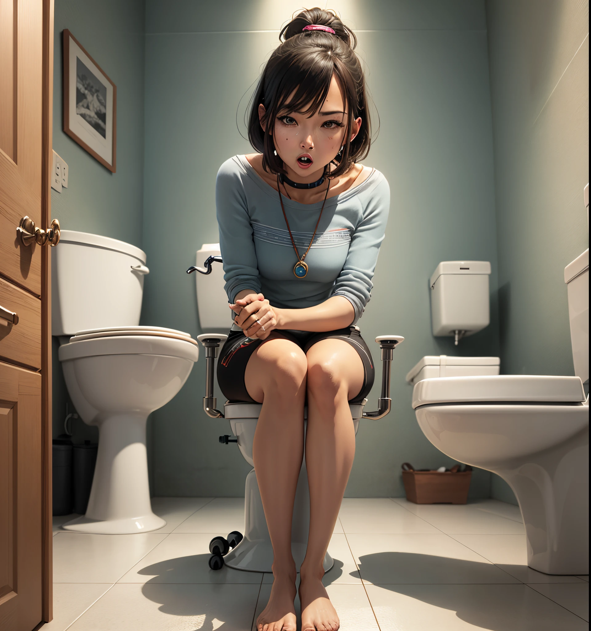 There is a woman sitting on a toilet in a bathroom - SeaArt AI