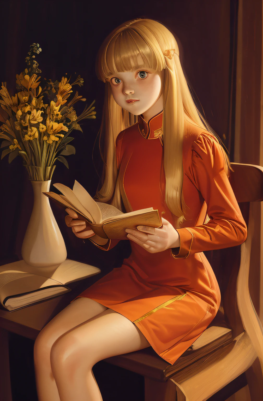 1girl, solo, diagonal light, long hair, looking at viewer, sitting, simole background, book, vase, long sleeves, blonde hair, bangs, holding, head tilt, red dress, dress, shiny, glowing, overexposure, light particles, sunlight, sparkle,