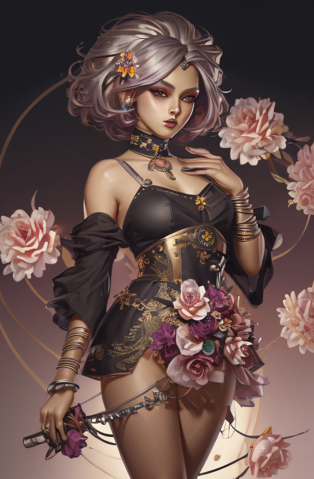 ((masterpiece)), (best quality), official art, extremely detailed CG, unity 8k wallpaper, ultra detailed, 
fashion_girl,  colorful hair,  jewelry,  flower,  bold makeup, silver theme,  deep shadow,  dimly lit,  shade, 
portrait, (upper body:1.5), (full body:1.5),