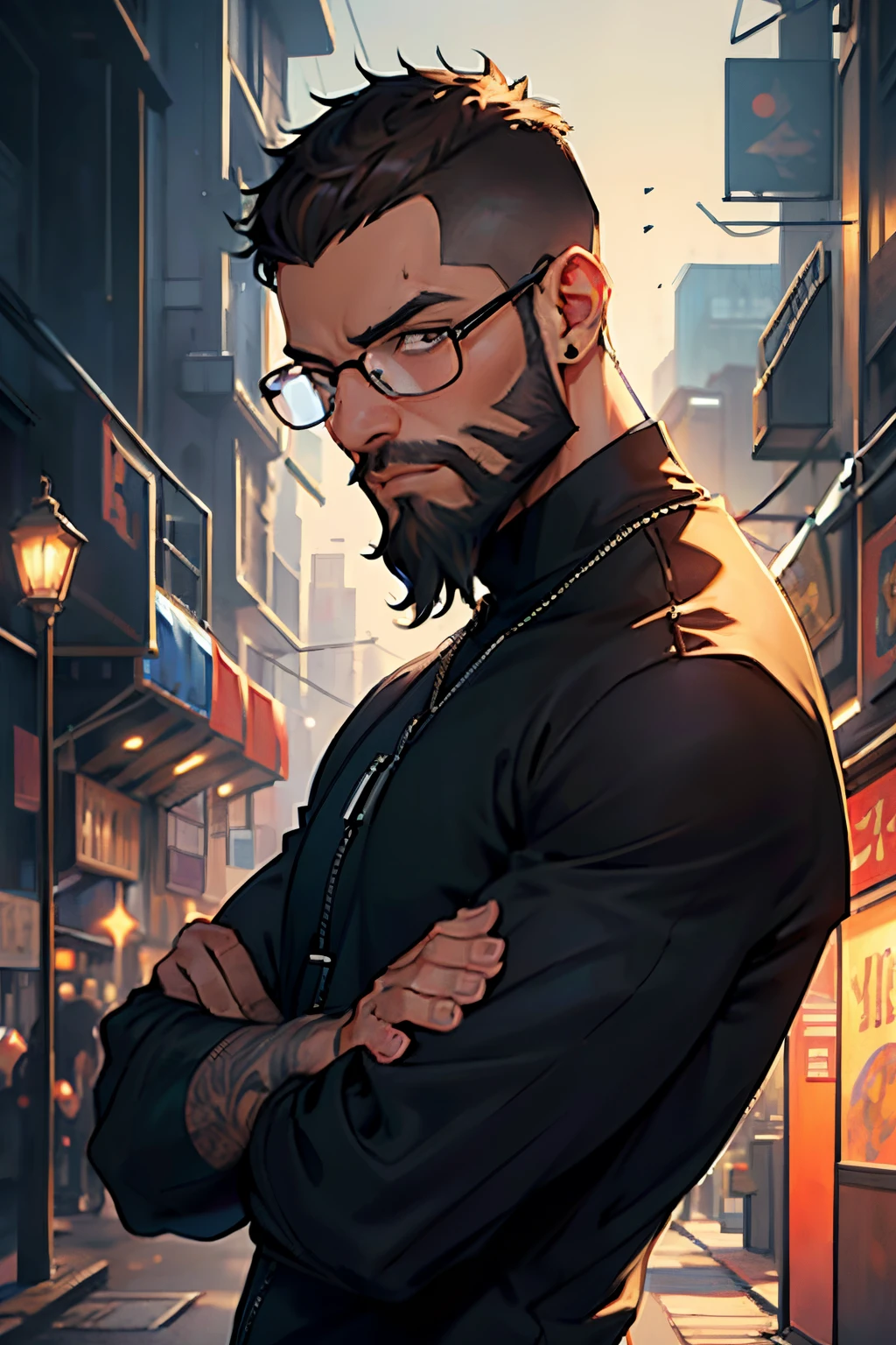 1 homme, maigre, black Lunettes, Lunettes, barbu, longue barbe, barbe épaisse, barbe complète, grande barbe, barbe complète, coupe à la mode, coupe à la mode hair, jeune, jeune adult, vêtements de science-fiction, sweat à capuche de science-fiction, chemise noire, maigre arms, ((flou léger)), complexe, élégant, netteté, photo de Greg Rutkowski, Éclairage doux, couleurs vives, (chef-d&#39;œuvre), ((des rues)), (visage détaillé), regardant de côté, cheveux bruns, cheveux courts, coupe à la mode hair, very cheveux courts, Les cheveux courts Buzz Cut, yeux marrons, portrait demi-corps.