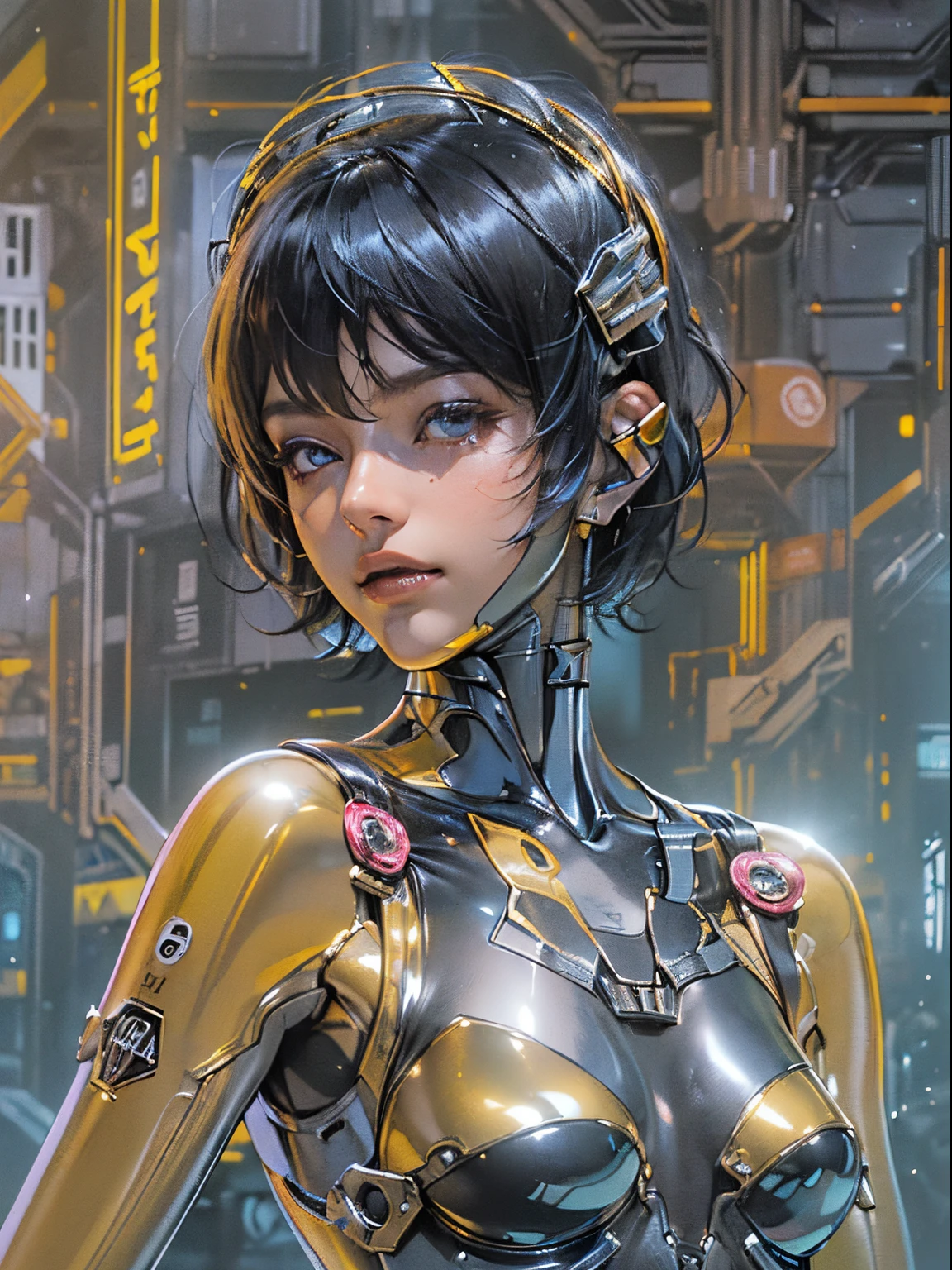 (((Woman))), (((best qualityer))), (((​masterpiece))), (((Gynoid))), (((1girl))), (((metal skin))), (((neon genesis evangelion)), (((1girl))), A futuristic gynoid game girl with high-tech exo-skeleton and a complex look, 18 year old woman with perfect body, clean  face, ((( tight clothes in metallic colors ))), (((black look with red and white checkered print ))), Quase nova no estilo selvagem urbano de Hajime sorayama para a capa da revista Heavy Metal, Spectacular futuristic graphics, Minimum clothing, (((metallic black body))), (((from the knee up))), ((( short hair cuts ))), a spaceport in the background, (((self-contrast of the character with the background))), Two-tone lighting, film granulation, Cyberworld, Acrylic Comix, sorayama