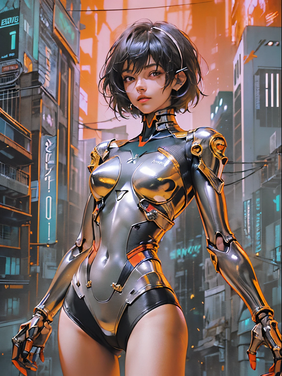 (((mulher))), (((melhor qualidade))), (((obra prima))), (((Ginóide))), (((1 garota))), (((pele de metal))), (((Neon Genesis Evangelion)), (((1 garota))), Uma garota de jogo gynoid futurista com exoesqueleto de alta tecnologia e um visual complexo, Mulher de 18 anos com corpo perfeito, rosto limpo, ((( roupas justas em cores metálicas ))), (((look preto com estampa xadrez vermelha e branca ))), Quase nova no estilo selvagem urbano de Hajime Sorayama para a capa da revista Heavy Metal, Gráficos futuristas espetaculares, Roupas mínimas, (((corpo preto metálico))), (((do joelho pra cima))), ((( cortes de cabelo curtos ))), um porto espacial ao fundo, (((auto contraste da personagem com o fundo))), iluminação em dois tons, granulação de filme, Mundo cibernético, Comix Acrílico, Sorayama