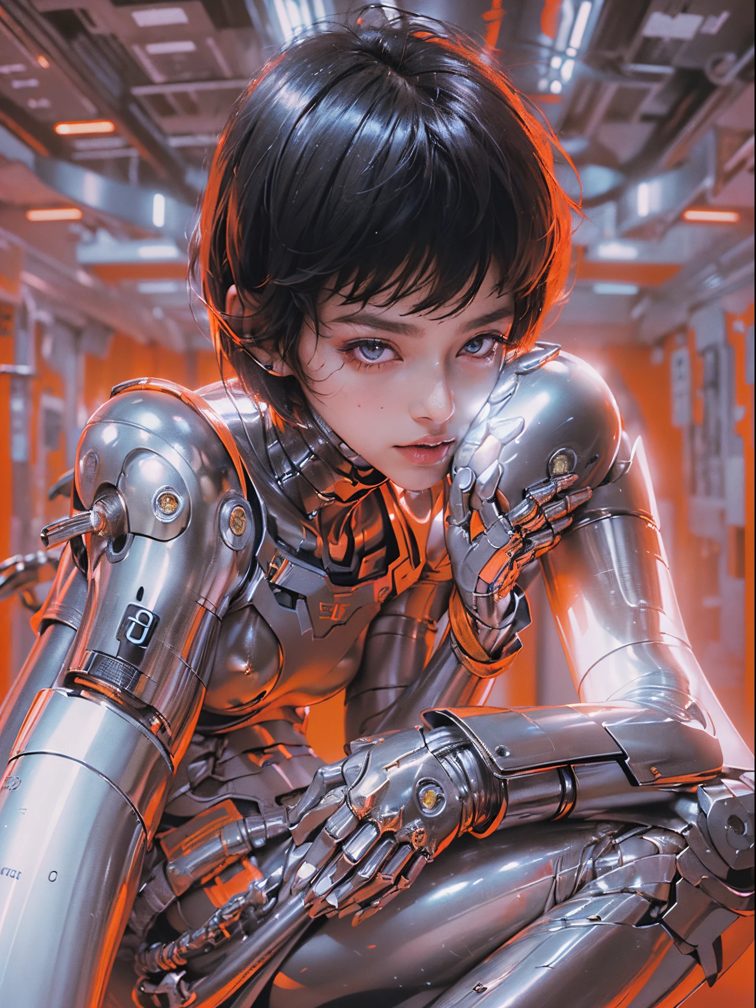 (((Frau))), (((Bessere Qualität))), (((Erstes Werk))), (((Androidin))), (((1 Mädchen))), (((Metallhaut))), (((neon genesis evangelion)), (((1 Mädchen))), Ein futuristisches gynoides Game Girl mit High-Tech-Exoskelett und einem komplexen Aussehen, 18-jähriges Mädchen mit perfektem Körper, sauberes Gesicht, ((( enge Kleidung in Metallic-Farben ))), (((schwarzer Look mit rotem und weißem Karomuster ))), Quase nova no estilo selvagem urbano de Hajime Abonnieren para a capa da revista Heavy Metal, Spektakuläre futuristische Grafik, Mindestbekleidung, (((metallisch schwarzer Körper))), (((vom Knie aufwärts))), ((( kurze haarschnitte ))), ein Weltraumhafen im Hintergrund, (((Autokontrast der Figur mit dem Hintergrund))), Zweifarbige Beleuchtung, Filmgranulierung, Cyberwelt, Acryl-Comics, Abonnieren