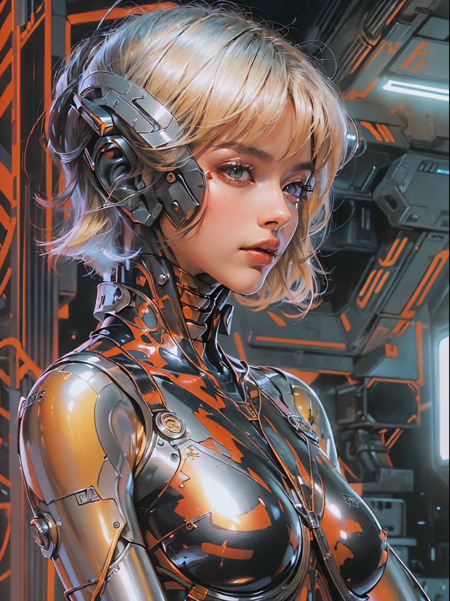 (((Woman))), (((best qualityer))), (((​masterpiece))), (((Gynoid))), (((1girl))), (((metal skin))), (((Neon Genesis Evangelion)), (((1girl))), A futuristic gynoid game girl with high-tech exo-skeleton and a complex look, 18 year old woman with perfect body, clean  face, ((( tight clothes in metallic colors ))), (((black look with red and white checkered print ))), Quase nova no estilo selvagem urbano de Hajime sorayama para a capa da revista Heavy Metal, Spectacular futuristic graphics, Minimum clothing, (((metallic black body))), (((from the knee up))), ((( short hair cuts ))), a spaceport in the background, (((self-contrast of the character with the background))), Two-tone lighting, film granulation, Cyberworld, Acrylic Comix, sorayama