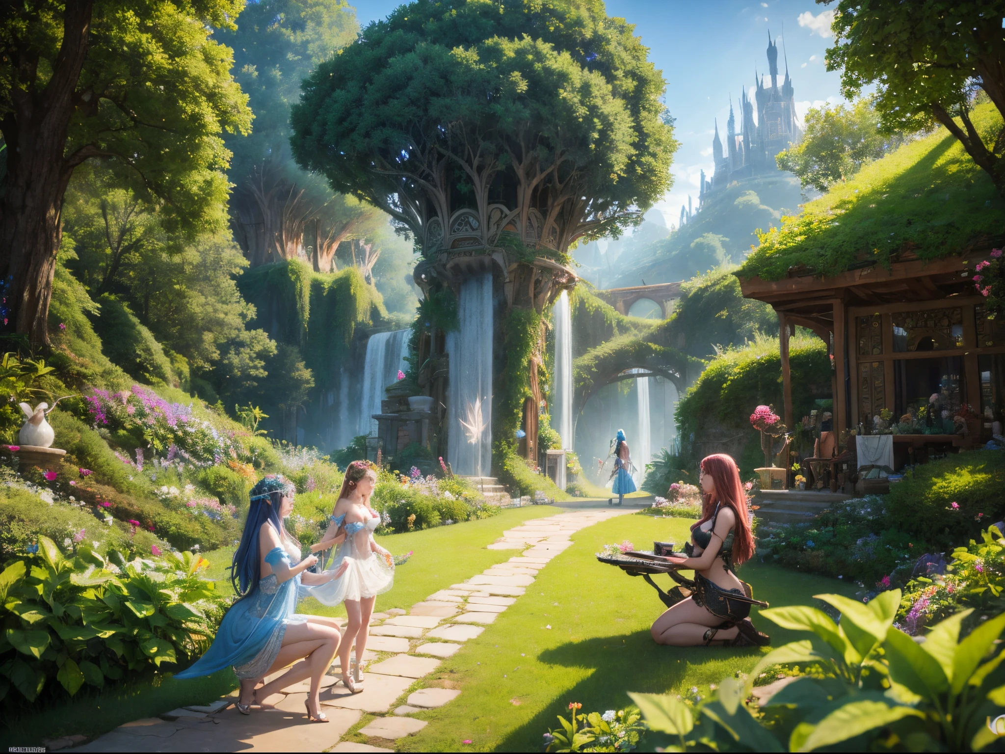 Illustrate a whimsical Eden where AI-powered creatures and enchanted organic beings engage in harmonious activities, blurring the lines between magic and technology. enormous 