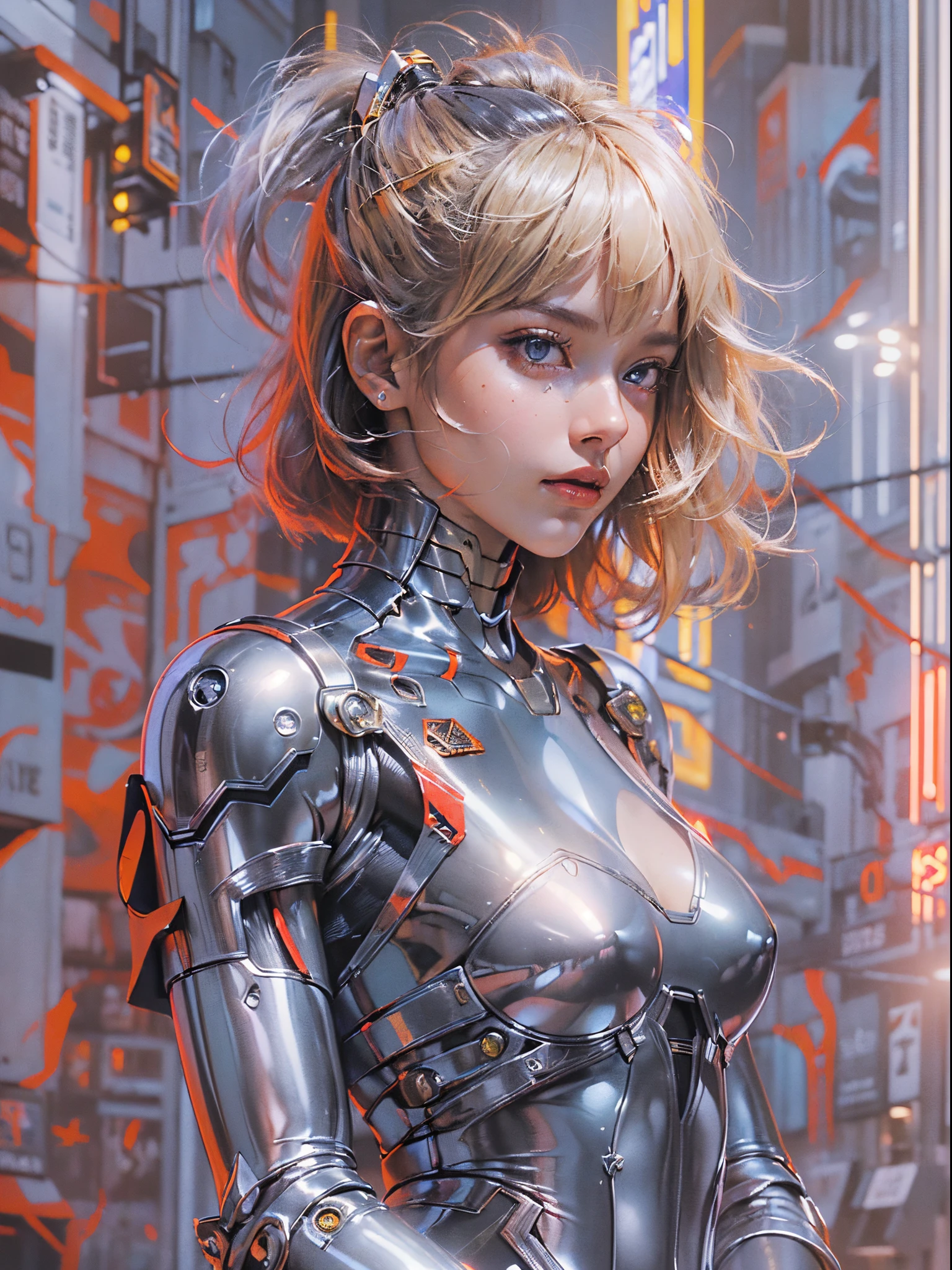 (((femme))), (((meilleure qualité))), (((travail brut))), (((Gynoïde))), (((1fille))), (((peau de métal))), (((Neon Genesis Evangelion)), (((1fille))), Une game girl gynoïde futuriste avec un exo-squelette high-tech et un look complexe, Femme de 18 ans au corps parfait, visage propre, ((( vêtements serrés aux couleurs métalliques ))), (((look noir avec imprimé à carreaux rouges et blancs ))), Presque inédit dans le style urbain sauvage de Hajime Sorayama pour la couverture du magazine Heavy Metal, Des graphismes futuristes spectaculaires, Vêtements minimum, (((corps noir métallique))), (((du genou vers le haut))), ((( coupes de cheveux courts ))), un port spatial en arrière-plan, (((contraste automatique du personnage avec le fond))), Éclairage bicolore, granulation de films, Cybermonde, Acrylique Comix, Sorayama