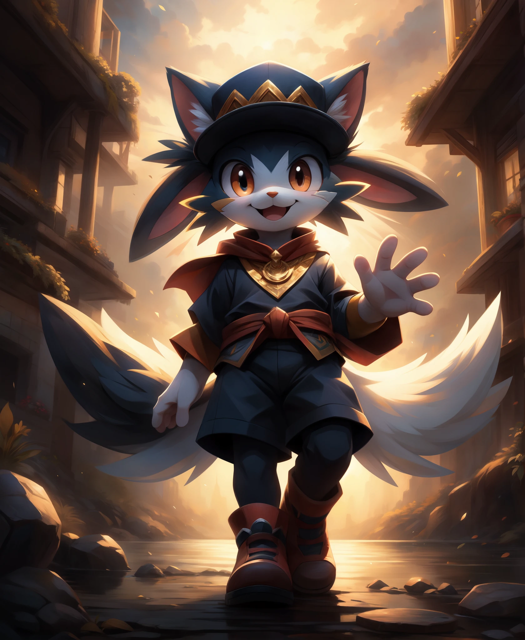 (Meisterwerk, beste Qualität), Dieses Bild zeigt (Klonoa:1.25) die anthropomorphe Hybridkatze/Kaninchen winkt dir zu. die Stimmung des Stückes ist fröhlich. Die Atmosphäre des Bildes ist lebendig. der Stil des Bildes ist äußerst detailliert und gut gemacht. Allein, anthro, Klonoa \(Serie\), Kleidung, hat, zweifarbiges Fell, schwarzes Fell, weißes Fell, Wangenbüschel, Wangenflaum, Hängeohren