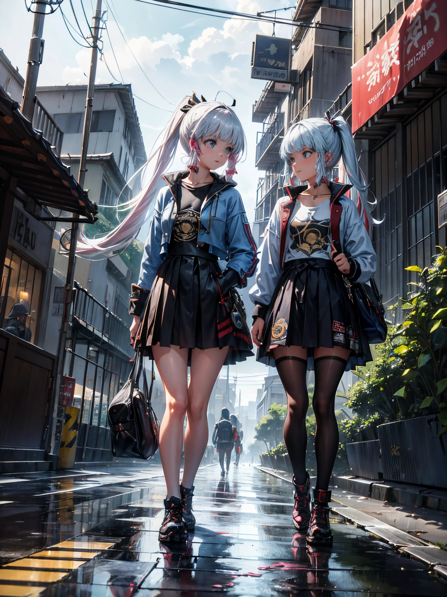 2young women, Jacket, rain, outdoor, Hoodie, open jacket, chain, schoolbag, jugando en la rain, messy hair, trends on Artstation, 8k resolution, Highly detailed, anatomically correct, sharp picture, digital paint, conceptual art, Trends on Pixiv, Makoto style, Raytracing, city lights, particles