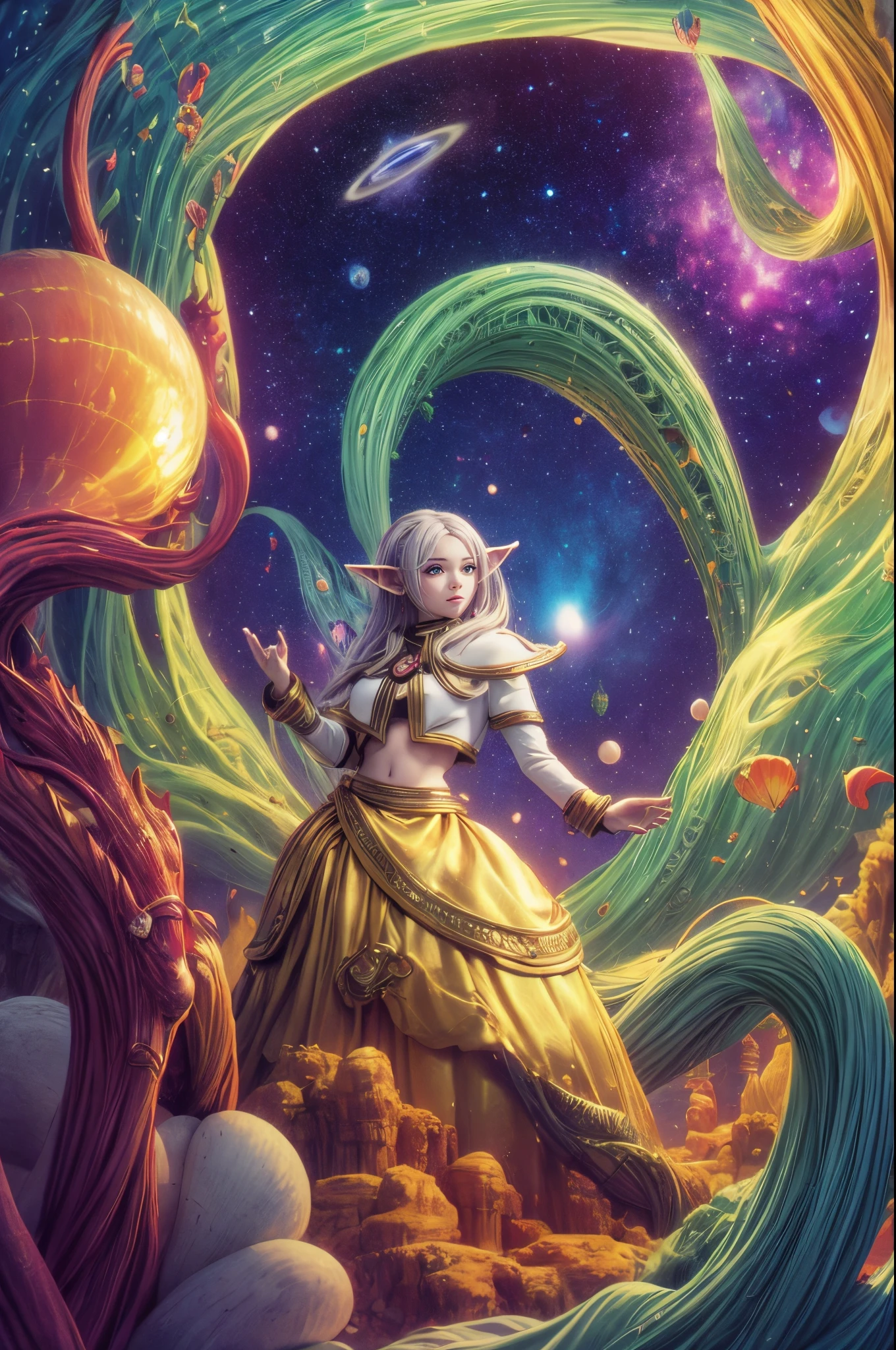 Frieren Elf in Fantasyland, shell of wonder, planetary dreamscape, (cosmic enchantment), surreal artistry, vibrant and alien palette",frieren