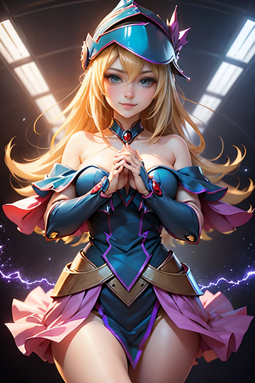 (Masterpiece:1.2), (Best Quality:1.2), Perfect lighting, The dark magician girl (Casting Spells: 1.3), in her 20s, (floating in the air: 1.3), Visible medium breasts, transparent neckline,  Mona Lisa smile, From above, sparkles, (Hands with magical effects: 1.4 )Magic in your hands, Background to the apocalypse、a blonde、Magic at your fingertips
