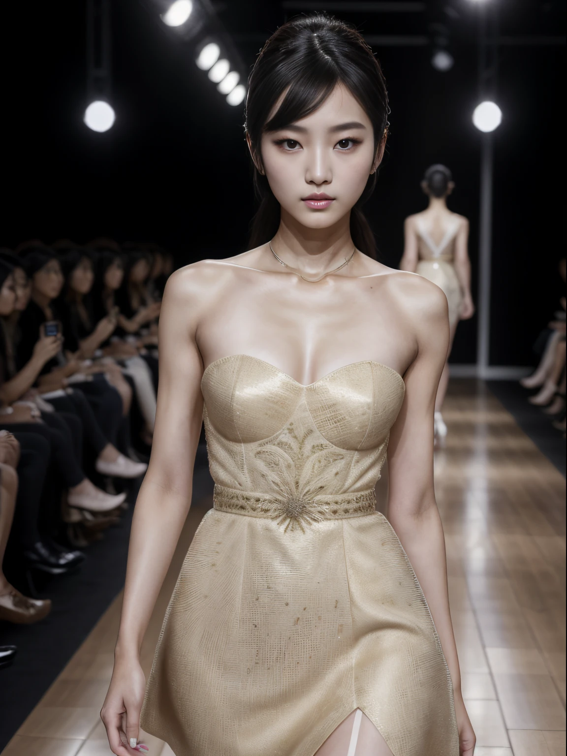 (8k, höchste Qualität, Extrem detailliert:1.37), (arbeiten), 18 Jahre alt, (ein südkoreanisches Fashionmodel), stolziert selbstbewusst über den Laufsteg während eines prestigeträchtigen Fashion Week-Events. Gekleidet in einem atemberaubenden Designer-Ensemble, arbeiten's elegance and poise captivate the audience. Das hochauflösende Bild erfasst ultra-detaillierten Realismus, highlighting arbeiten's captivating eyes, makelloser Teint, und modische Frisur. Der glamouröse Laufsteg und das stilvolle Bühnenbild tragen zum optischen Reiz bei, creating a visually stunning representation of arbeiten's success in the fashion industry.