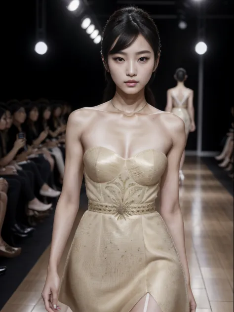 (8k, highest quality, ultra detailed:1.37), (Hana), 18yo, (a South Korean fashion model), struts confidently on the runway durin...