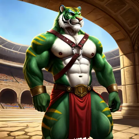 anthro battlecat from He-Man, (anthro tiger, green fur with yellow stripes, white chest fur), bodybuilder, intense, sweaty, smirking, barechest, sword slung behind his back, chest harness, leather strap kilt (spartan/gladiator armor), (photorealistic fur, ...