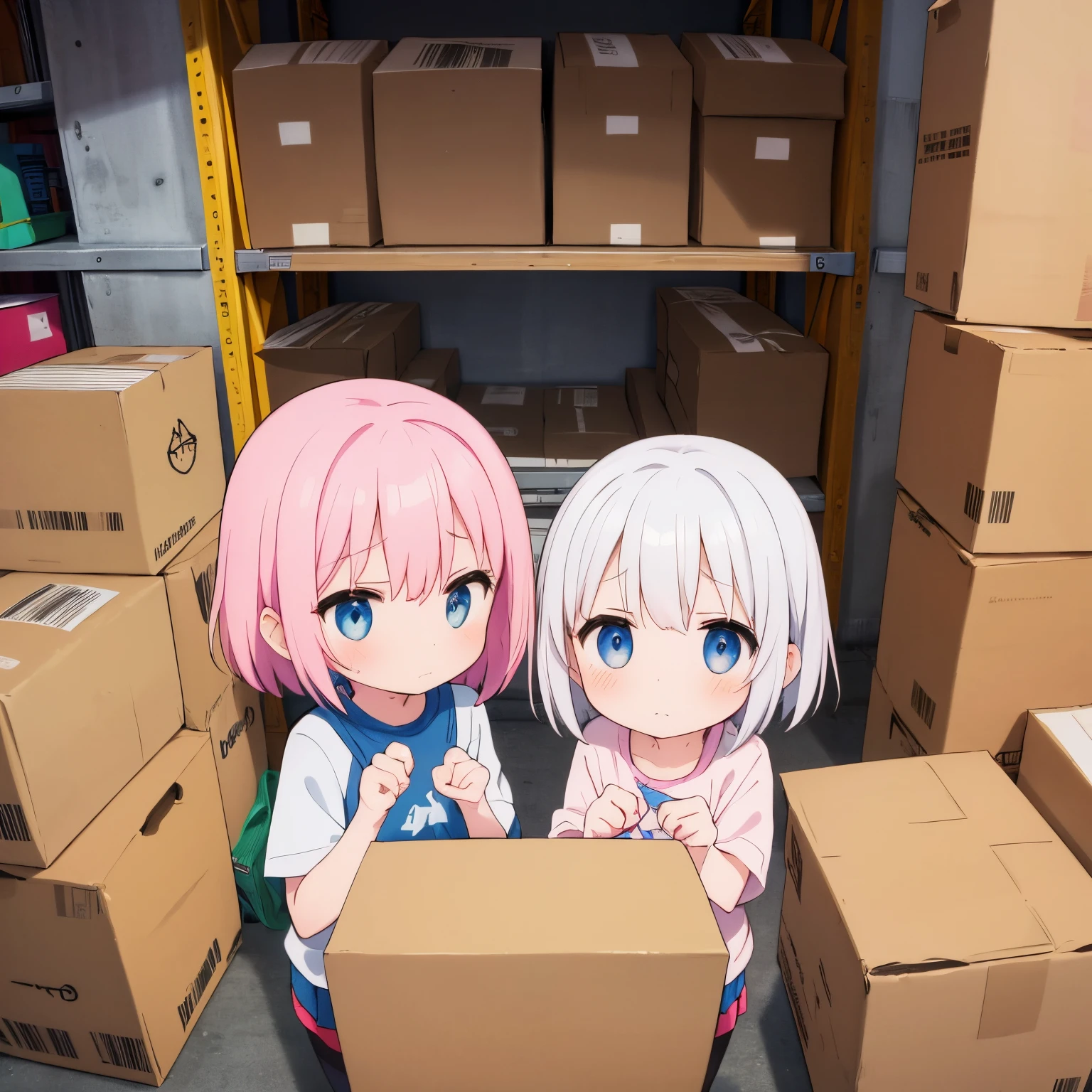 top-quality，in 8K，｛2 children｝｛2 elementary school students｝Full limbs，complete fingers，platinum pink short hair，in warehouse，｛large amount of cardboard boxes｝children with cardboard boxes，《Adorable face》，｛powerful emotions.｝