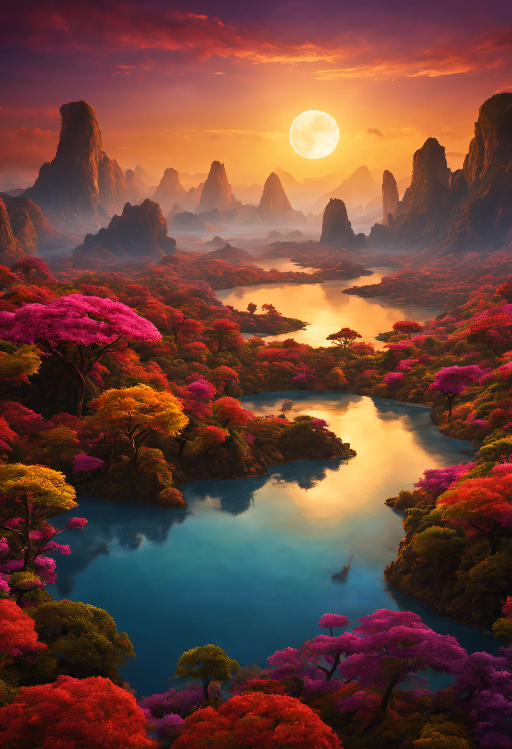 一个奇异的星球上美丽壮丽的想象景观，有着许多彩色的日落和非凡的