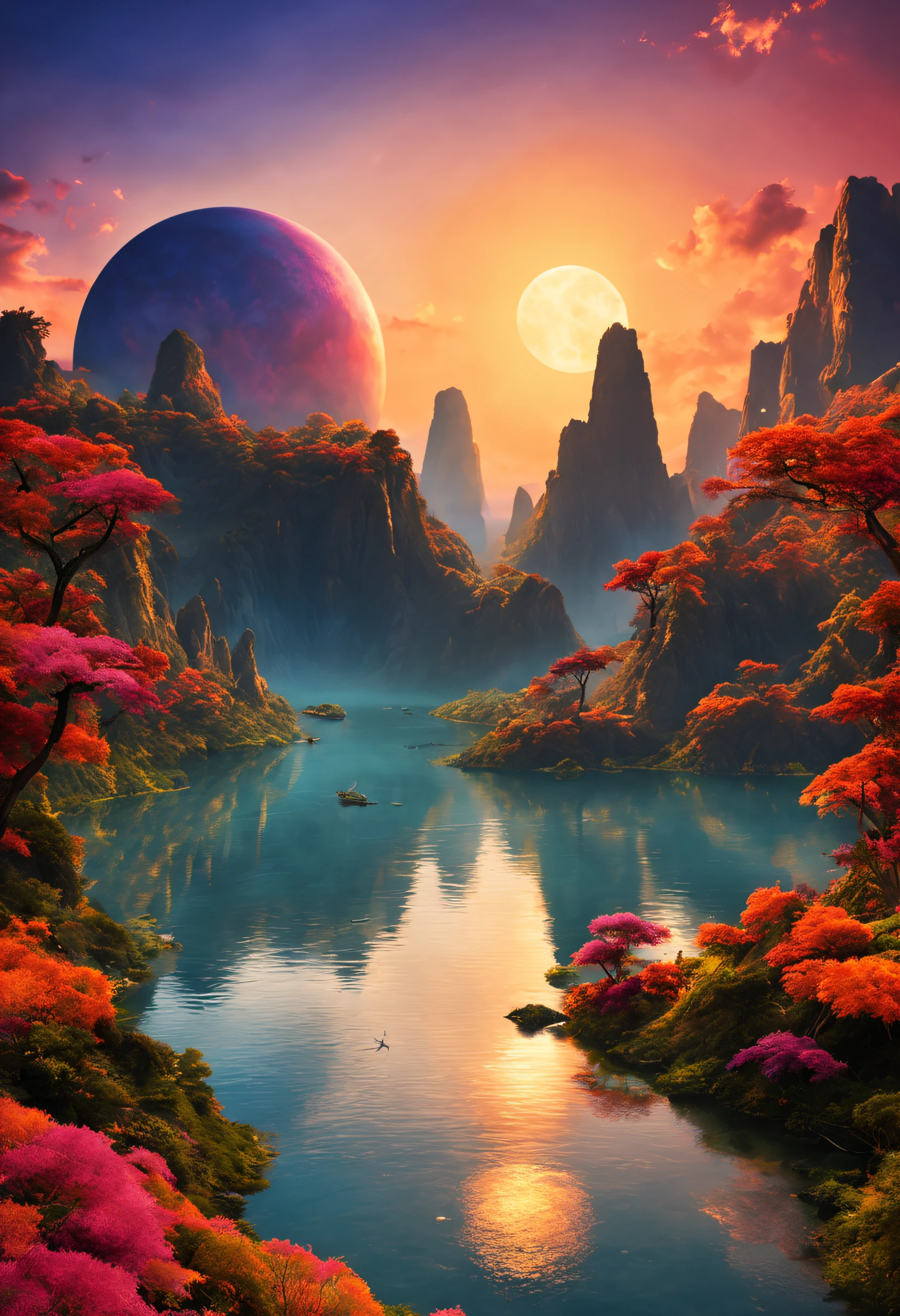 A beautifull magnificent imaginary landscape on an exotic planet with a lot of colored sunset and an extraordinary
