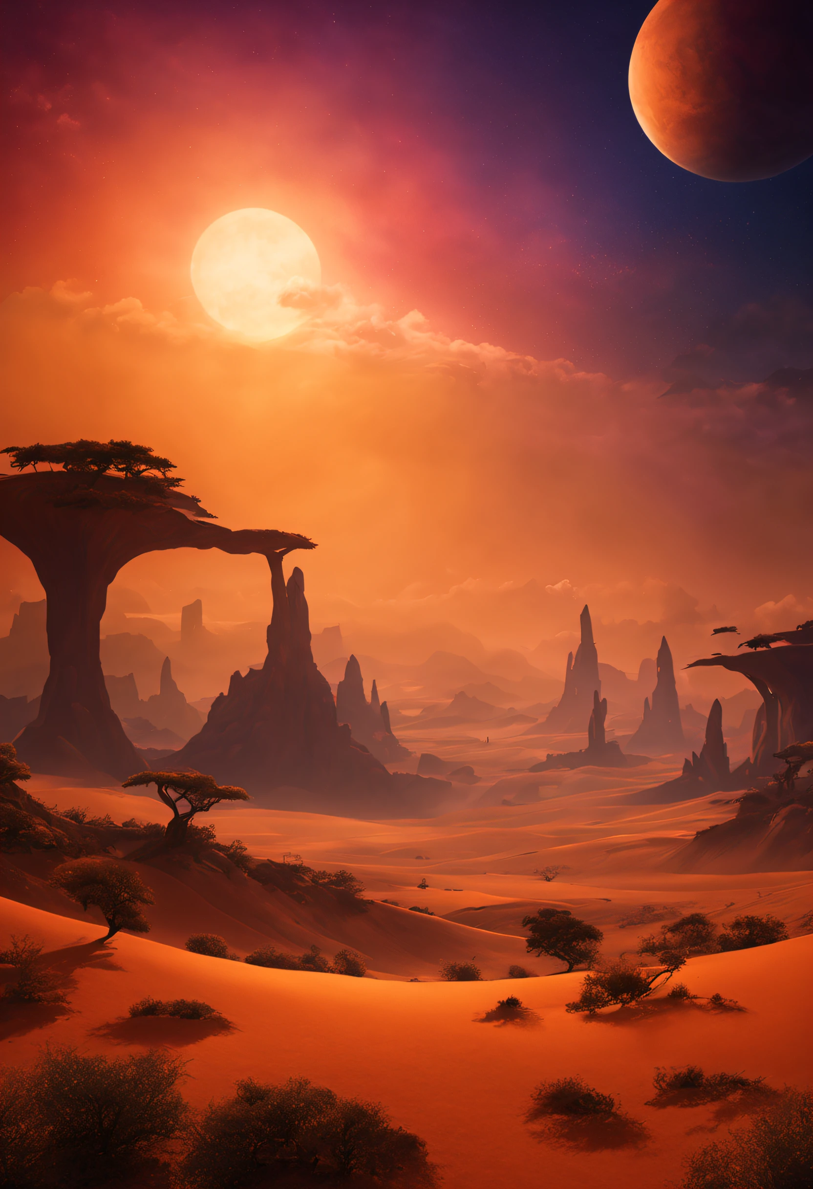 Uma bela e magnífica paisagem imaginária em um planeta exótico com muito pôr do sol colorido e um extraordinário vento colorido de poeira