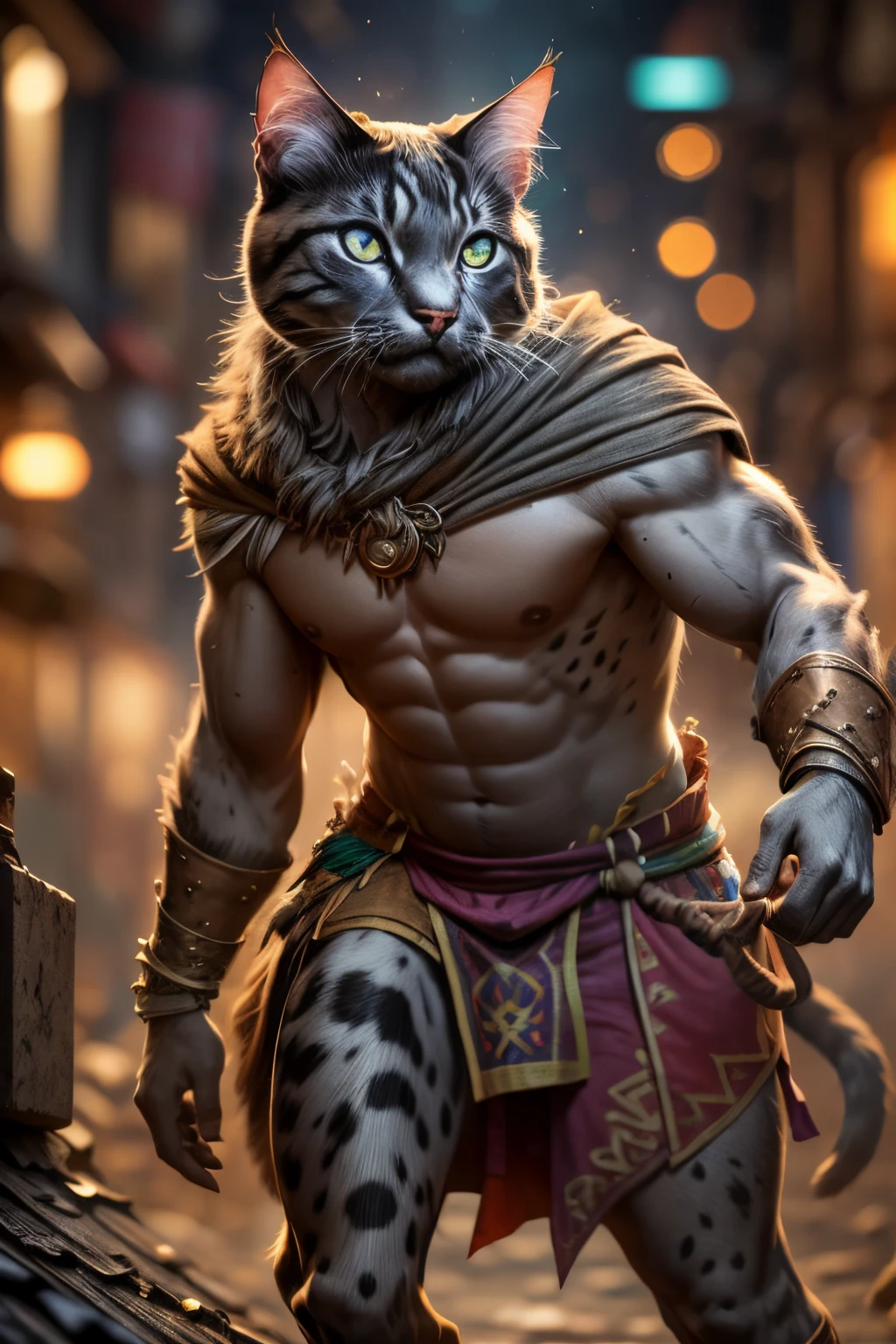 1 male cat hybrid, (feline features:0.5), (fierce look:1.2), (furry body:1.1), (in slum), cinematic lighting, (grey colored fur:1.1), muscular, (wearing tunic and loincloth), medieval environment, bokeh, raytracing, realistic textured skin, particle effects, depth of field, beautiful figure painting, bright light, amazing composition, HDR, volumetric lighting, ultra quality, elegant, highly detailed, masterpiece, best quality, high resolution, catfolk