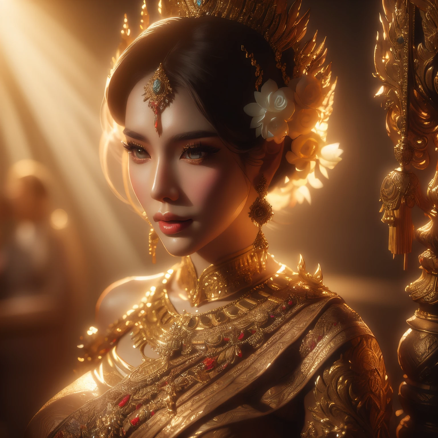 dramatic light,bella ranee,thai dress ,detailed background, Depth of Field, volumetric light, crisp focus, Absurd, realistic proportions, good anatomy, (Realistic, hyperrealistic:1.4), HDR 16K,