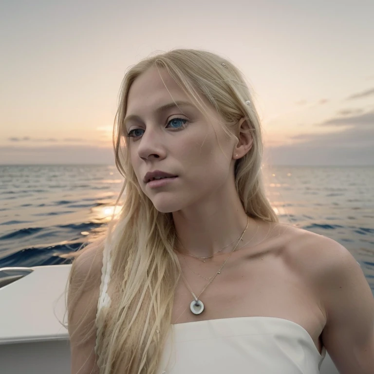 blond woman with long blond hair standing on a boat looking at the camera, nina tryggvadottir, amanda lilleston, on a boat, on the ocean, taken in the early 2020s, at sunset, karolina cummings, magdalena andersson, photograph taken in 2 0 2 0, kirsi salonen, angie glocka