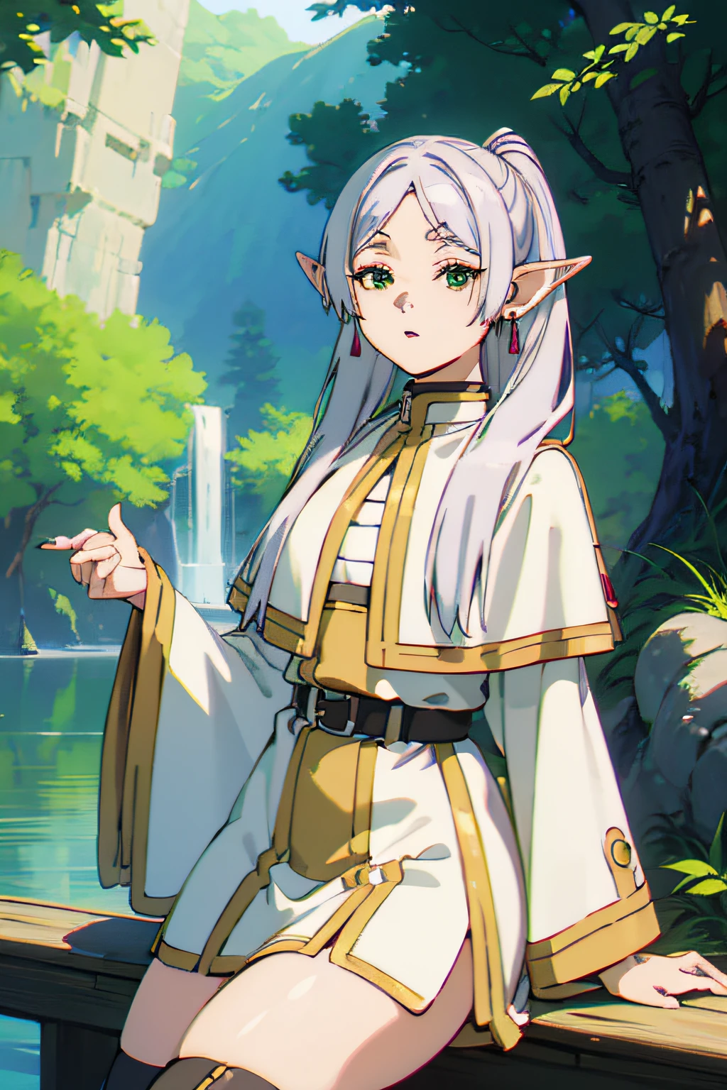 (masutepiece, Best Quality, very detailed illustration, 8K UHD), freeze, Green eye, elf, pointy ear, White hair, Hair Ornament, earrings, Skirt, thighs thighs thighs thighs, Looking at Viewer, forest, lake, Water, Selfie