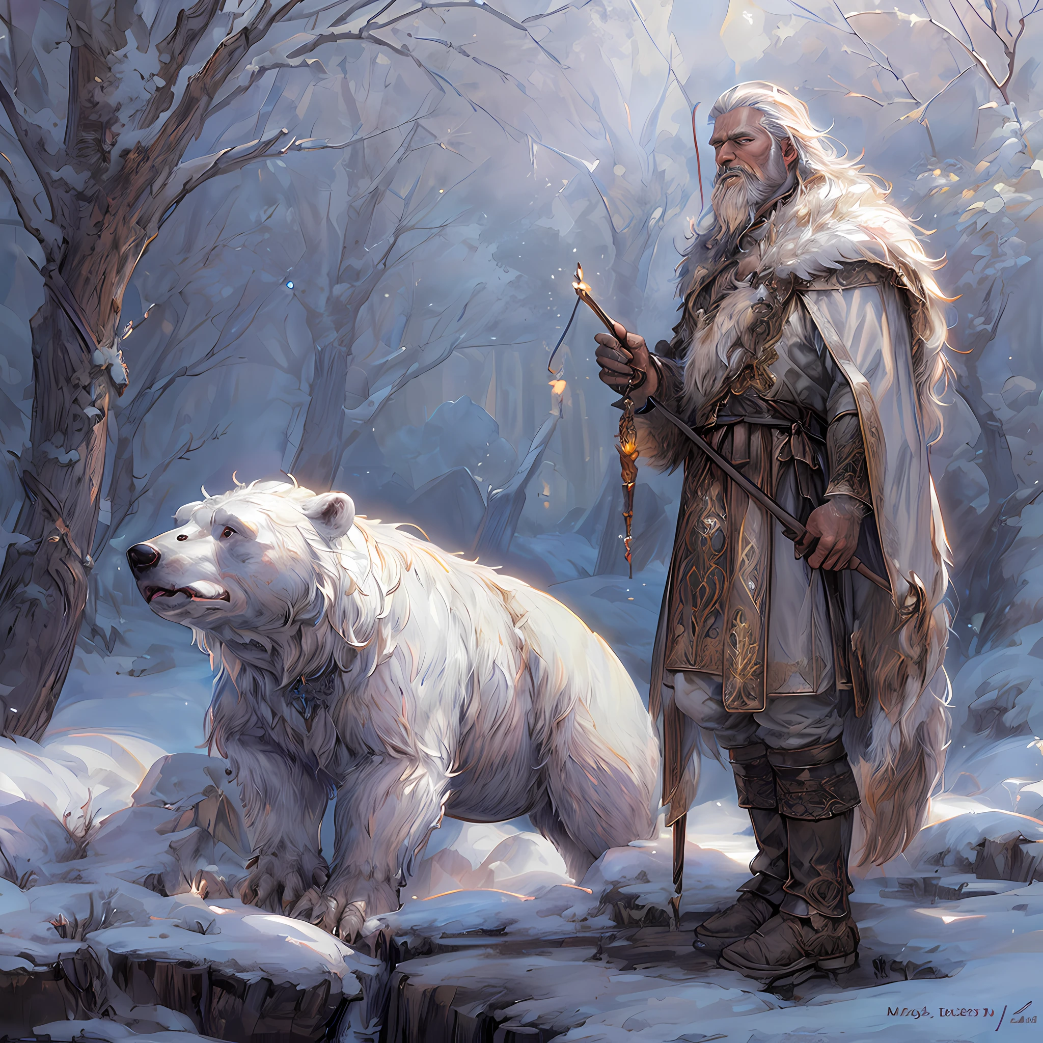 high details, best quality, 8k, [ultra detailed], masterpiece, best quality, (extremely detailed), dynamic angle, ultra wide shot, RAW, photorealistic, fantasy art, dnd art, rpg art, realistic art, a wide angle picture of a male human druid (intricate details, Masterpiece, best quality: 1.5) and his epic pet white bear, priest of nature, cleric of nature, dnd druid, full body, [[anatomically correct]], dynamic position (1.5 intricate details, Masterpiece, best quality) talking to a white bear, polar bear ((intricate details, Masterpiece, best quality: 1.6) in arctic tundra, trees with snows, half frozen river, snow(intricate details, Masterpiece, best quality: 1.5), a male wearing fur clothes (1.4 intricate details, Masterpiece, best quality), armed with a glowing (quarterstaff: 1.3) gl0w1ngR,  Ultra Detailed Face (intricate details, Masterpiece, best quality: 1.5), fur boots, thick hair, long hair, blond hair, pale skin intense fair eyes, arctic background (intense details), dynamic light, dynamic angle, (intricate details, Masterpiece, best quality: 1.5) high details, best quality, highres, ultra wide angle, 2.5 rendering