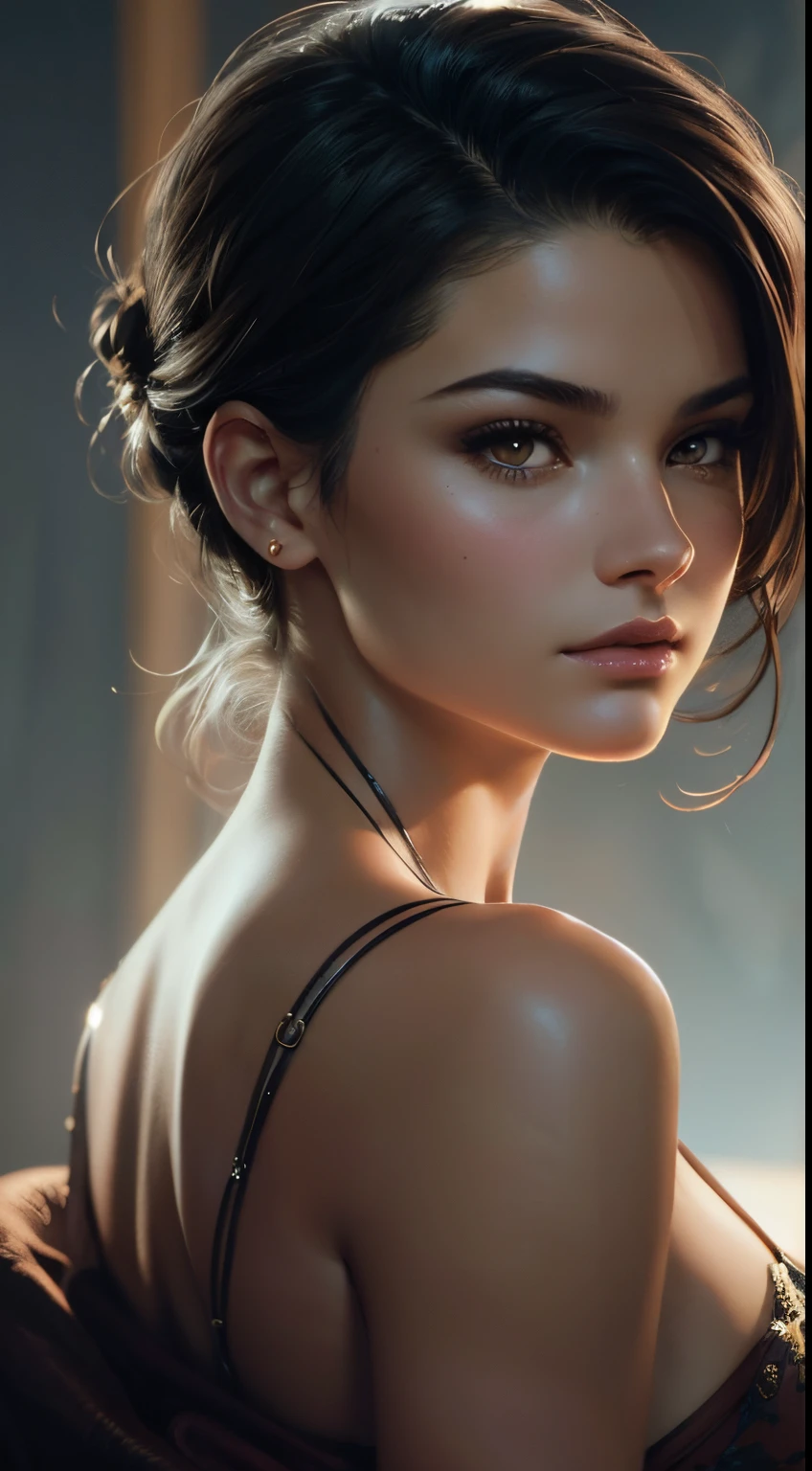 Brianna Hildebrand, sexy hawaiian ambiance, Portrait du personnage, 3 9 9 0 s, Cheveux courts, complexe, elegant, highly detailed, digital painting, ArtStation, Art conceptuel, lisse, mise au point nette, illustration, Illustration par Wlop, Charlie Bowater et Alexandra Fomina