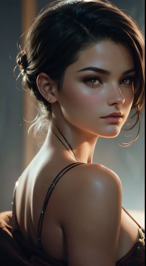 Brianna Hildebrand, sexy hawaiian ambiance, Portrait du personnage, 3 9 9 0 s, Cheveux courts, complexe, elegant, highly detaile...
