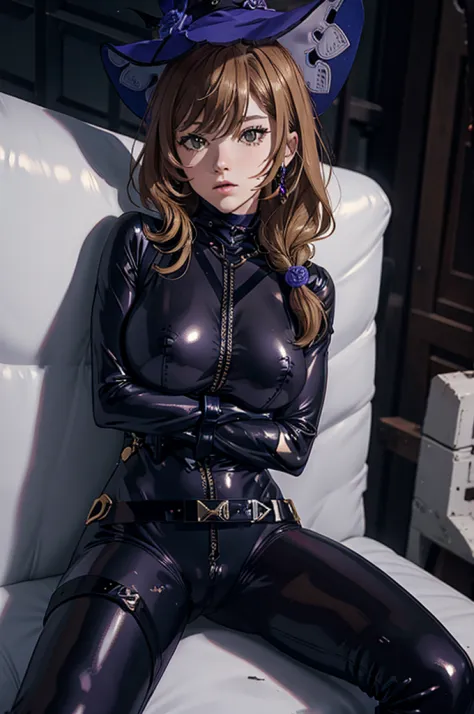 lisa (genshin impact), latex catsuit, folded arms, fidden hands, hidden fingers, harness bondage, straps {belt},