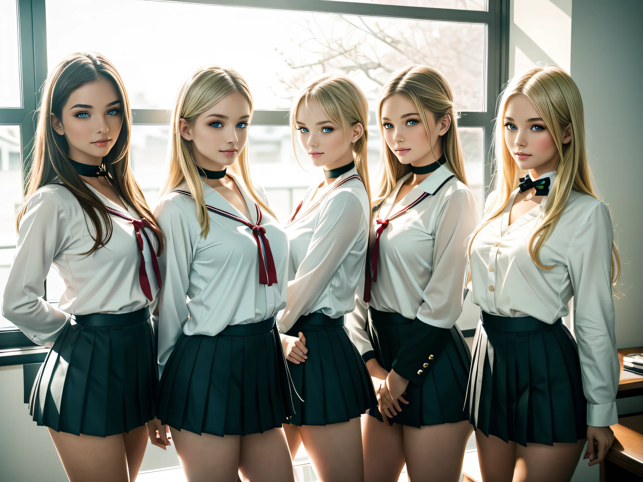 ((8k, highly detailed:1.5, raw photo, photorealistic, wallpaper, masterpiece:1.2)), Award Winning Photograph, ((Group shot:1.2, extremely beautiful girls:1.5, detailed on face, detailed eyes, cute face, ultra detailed)), extremely beautiful faces, three girls in Japanese highschool uniform standing inside a room next to the window, wearing a Japanese school uniform, white blouse, teenage model, kawaii model, pleated skirt, choker, goddesses, blonde, posing in the room, women full body, supermodel body, smiling, blonde women, idols,