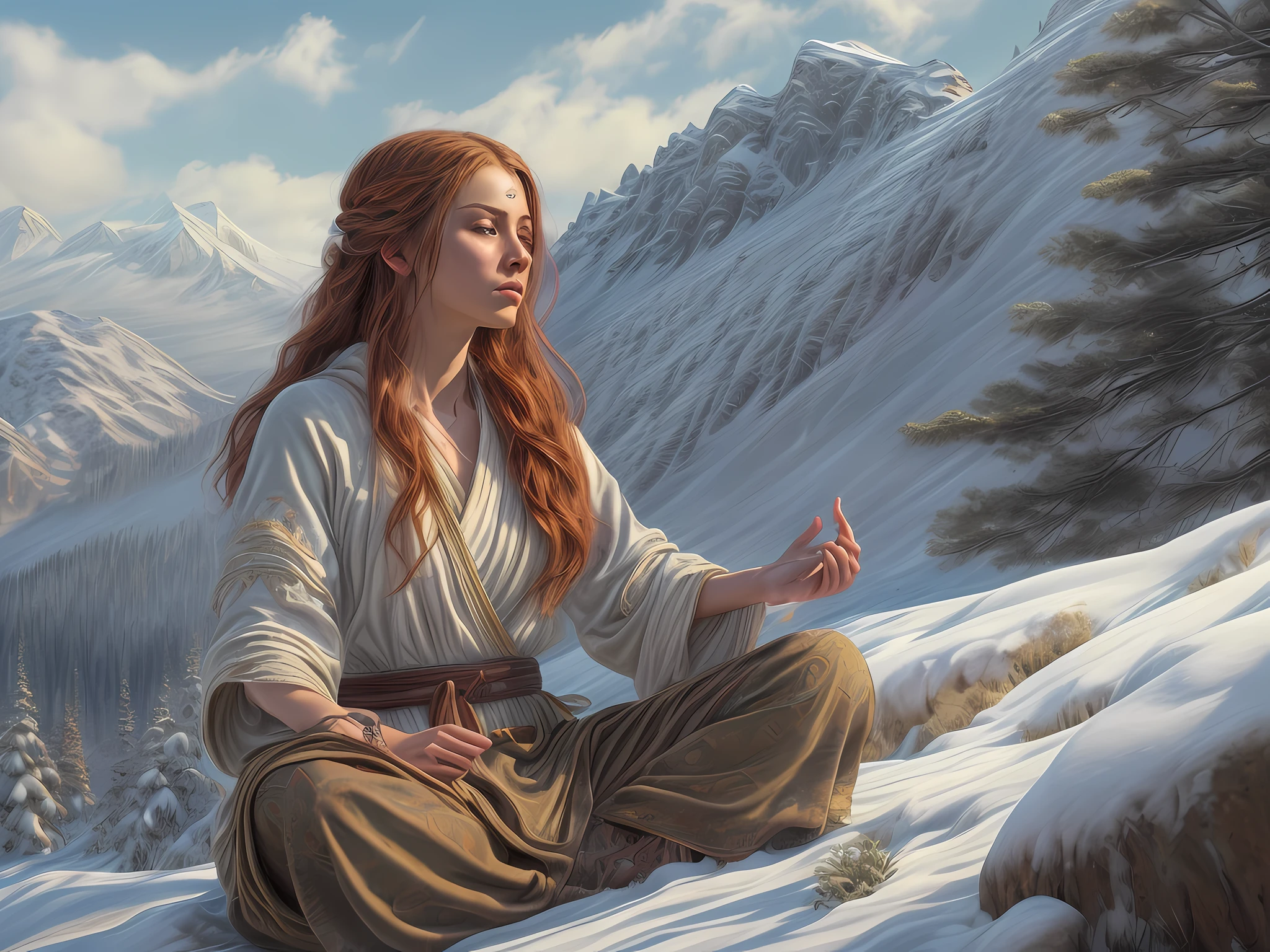 幻想艺术, 真实感, 德&德 art, 拉里·埃尔莫尔风格, 一位女僧人在雪山上盘腿打坐的图片, 雪山顶上，有一位穿着僧衣的人类女僧, 在篝火旁冥想 (最好的细节, 杰作, 最好的质量 :1.5) 在白雪皑皑的森林里 (最好的细节, 杰作, 最好的质量 :1.5), 红发, 长发, 全身 (最好的细节, 杰作, 最好的质量 :1.5), 极其详细 face (最好的细节, 杰作, 最好的质量 :1.5), 极度女性化 (最好的细节, 杰作, 最好的质量 :1.5), 精美美丽 (最好的细节, 杰作, 最好的质量 :1.5) 红发, 长发, 辫发, 皮肤苍白, 蓝眼睛, 专注的目光, 超最佳现实主义, 最好的细节, 最好的质量, 16千, [极其详细], 杰作, 最好的质量, (极其详细), 超广角拍摄, 照相写实主义, 景深, 超现实主义绘画, 3德 rendering, gl0w1ngR