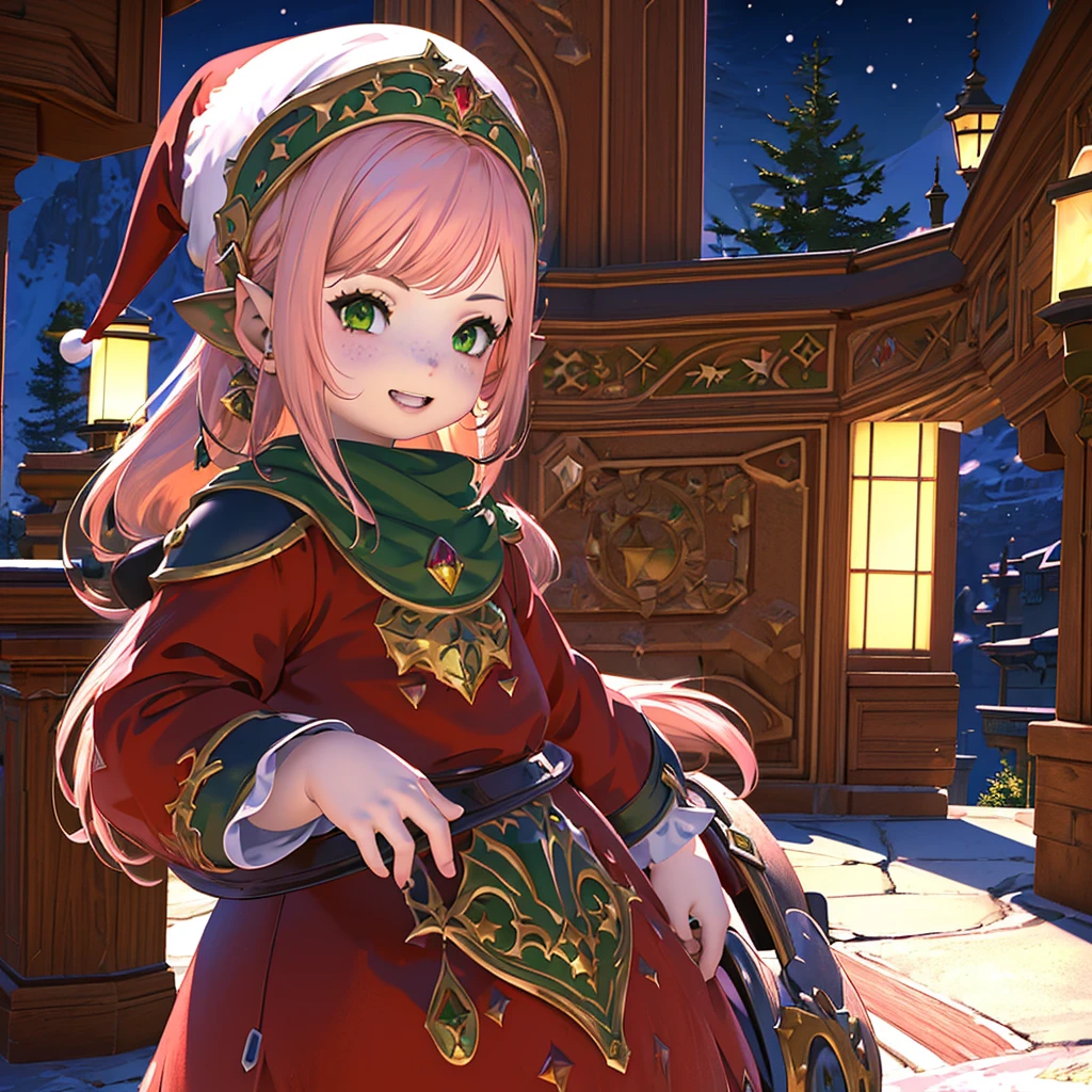 anime, (masterpiece, best quality, ultra-detailed), (detailed background, night time, outside, snow), (beautiful detailed face), 1 girl (solo, Lalafell, long hair, pink hair, santa hat, red dress, grin expression, high detail eyes, (glowing emerald green eyes):1.1)