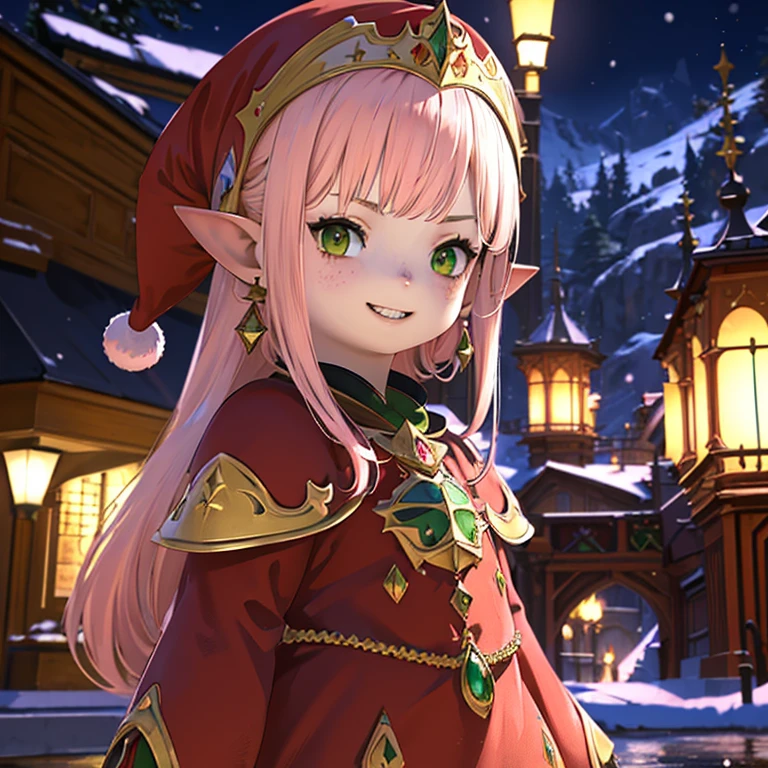 anime, (masterpiece, best quality, ultra-detailed), (detailed background, night time, outside, snow), (beautiful detailed face), 1 girl (solo, Lalafell, long hair, pink hair, santa hat, red dress, grin expression, high detail eyes, (glowing emerald green eyes):1.1)